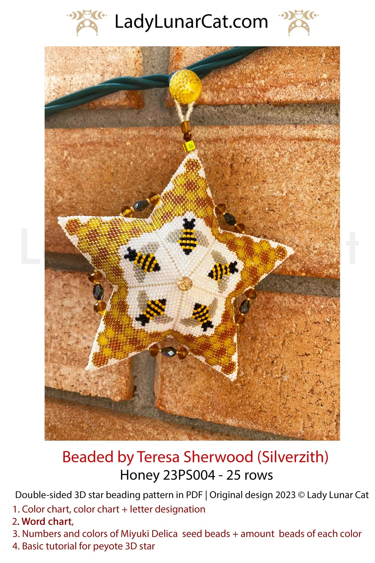 Honey peyote star colorway 5 - honeycomb geometric 3D star pattern LadyLunarCat