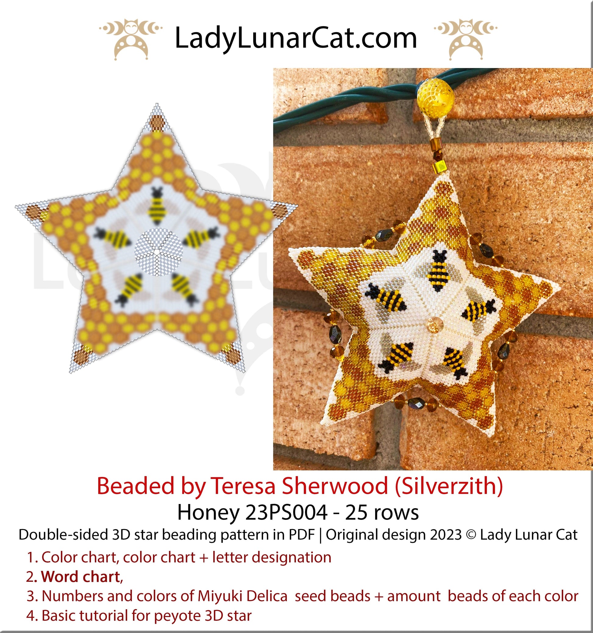 Peyote star pattern for beading - Honey 23PS004  25 rows LadyLunarCat