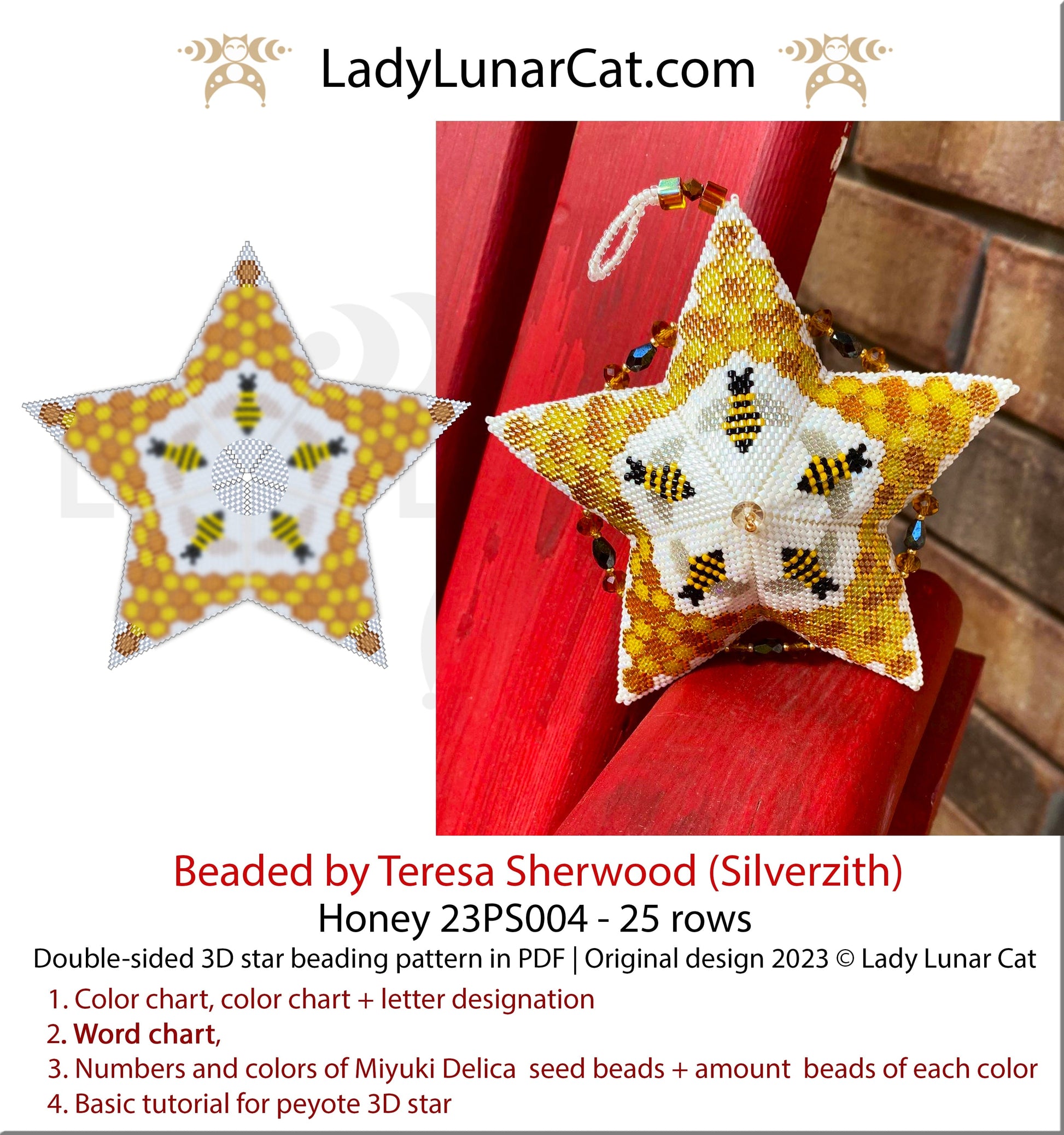 Peyote star pattern for beading - Honey 23PS004  25 rows LadyLunarCat