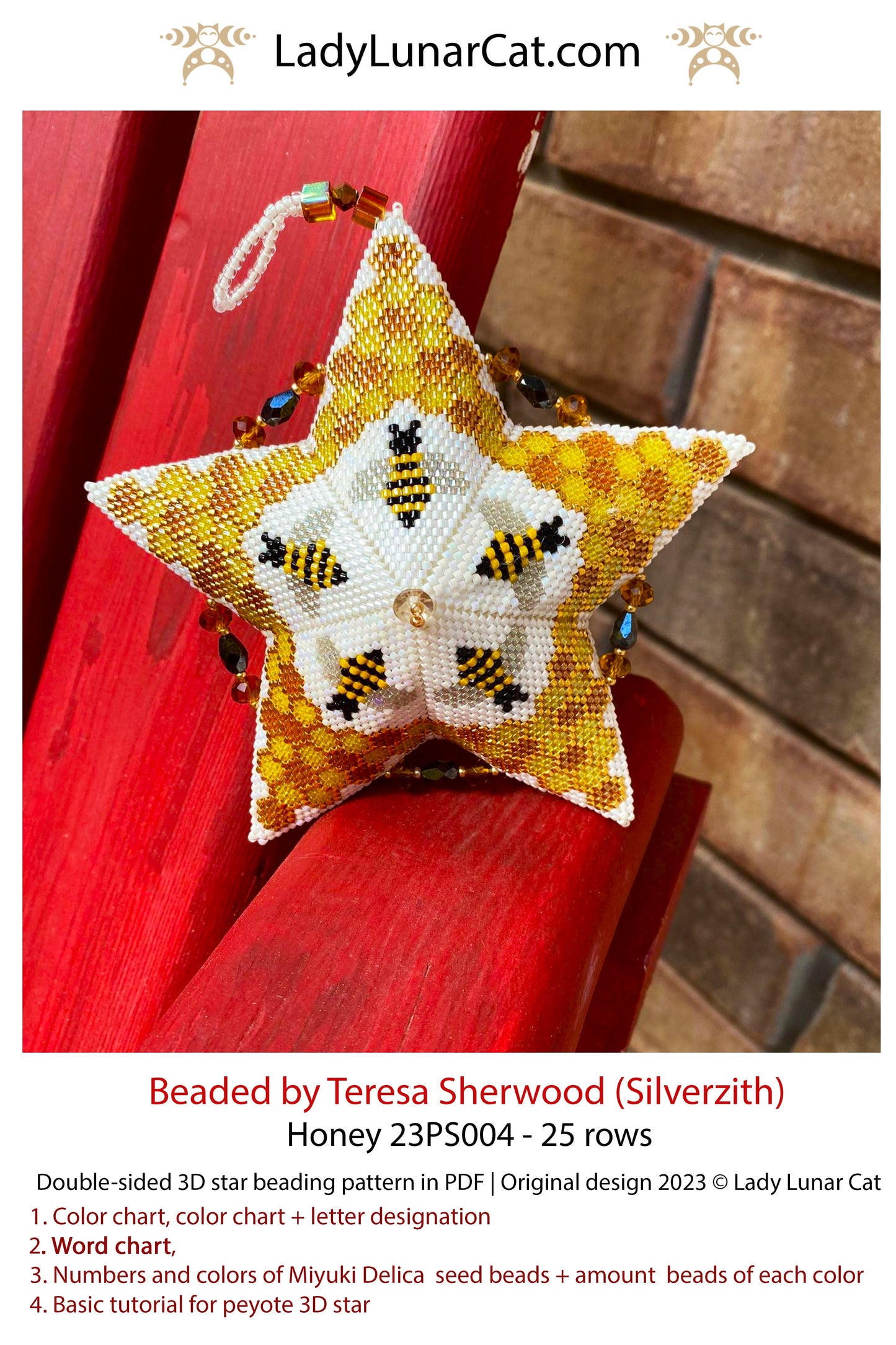 Peyote star pattern for beading - Honey 23PS004  25 rows LadyLunarCat