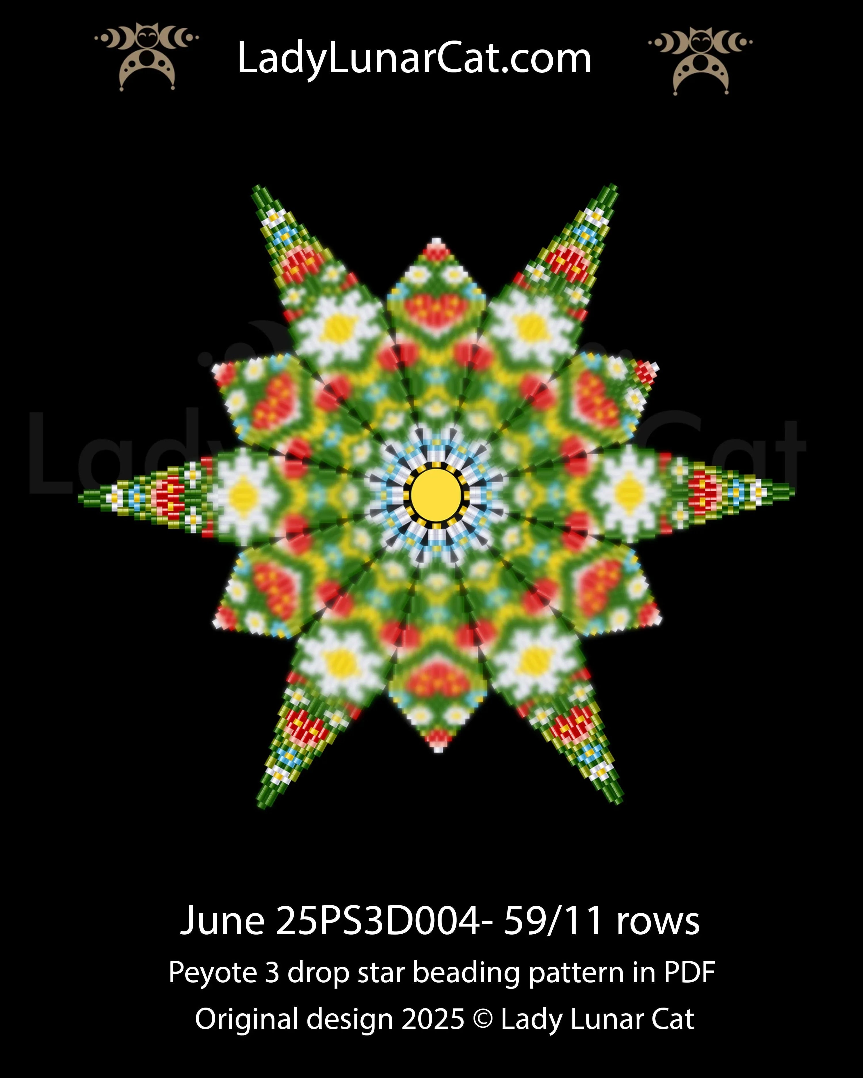 June beaded star pattern - peyote 3 drop strawberry daisy forget-me-not beginner PDF LadyLunarCat
