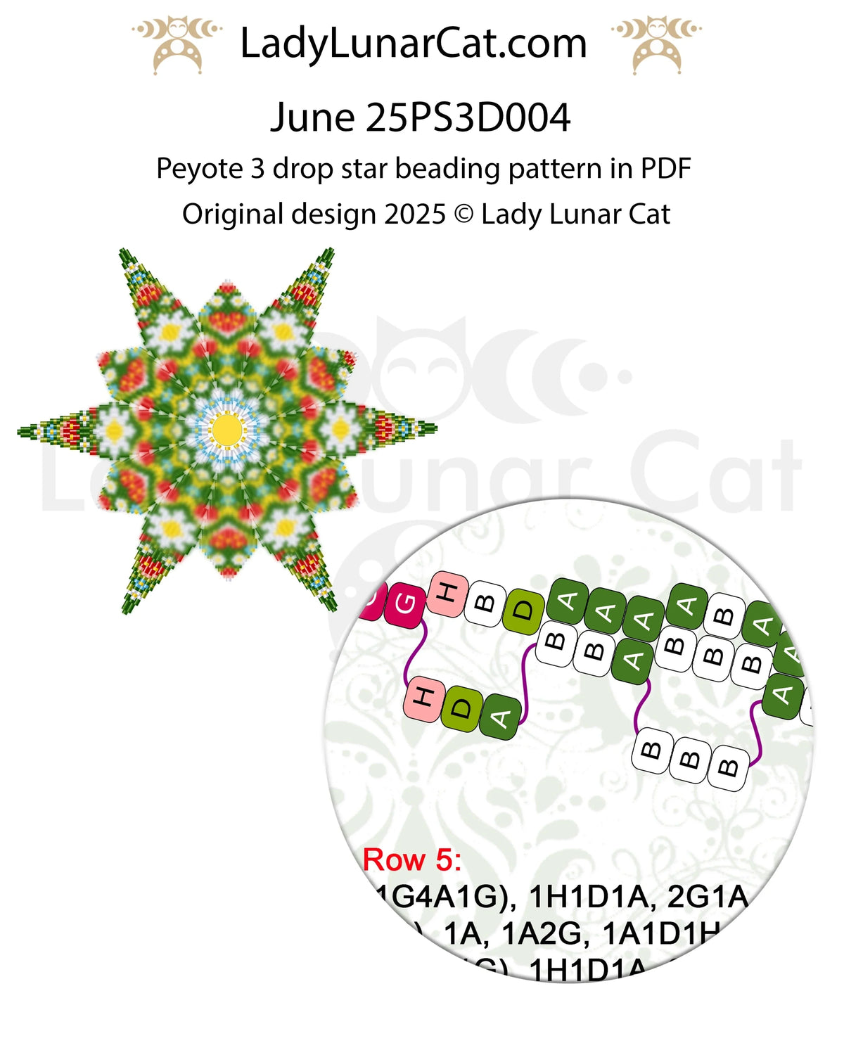 June peyote 3 drop star full view - cottagecore summer design 6 colors Miyuki Delica LadyLunarCat