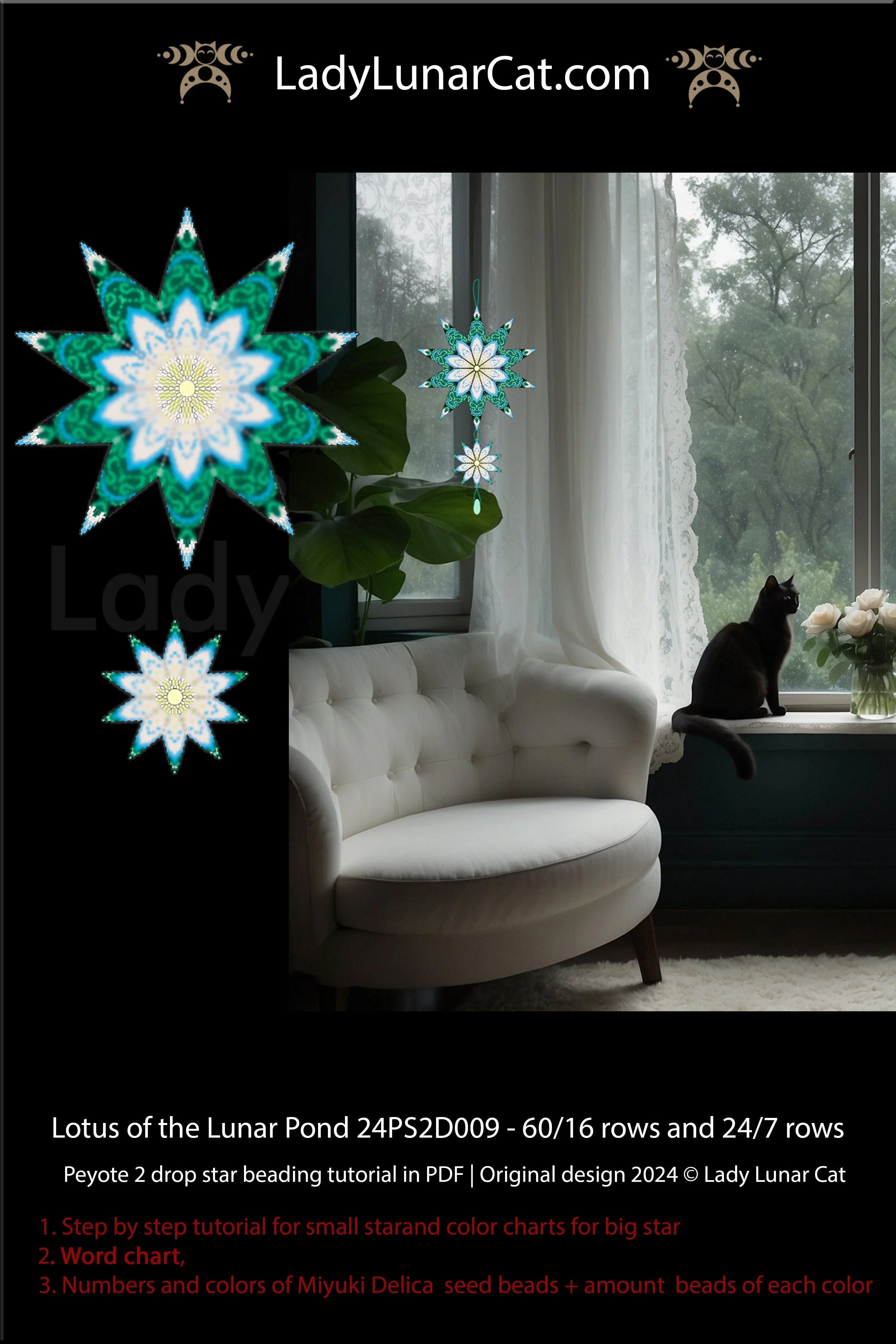 Seed bead star pattern PDF - Lotus of the Lunar Pond instant download LadyLunarCat
