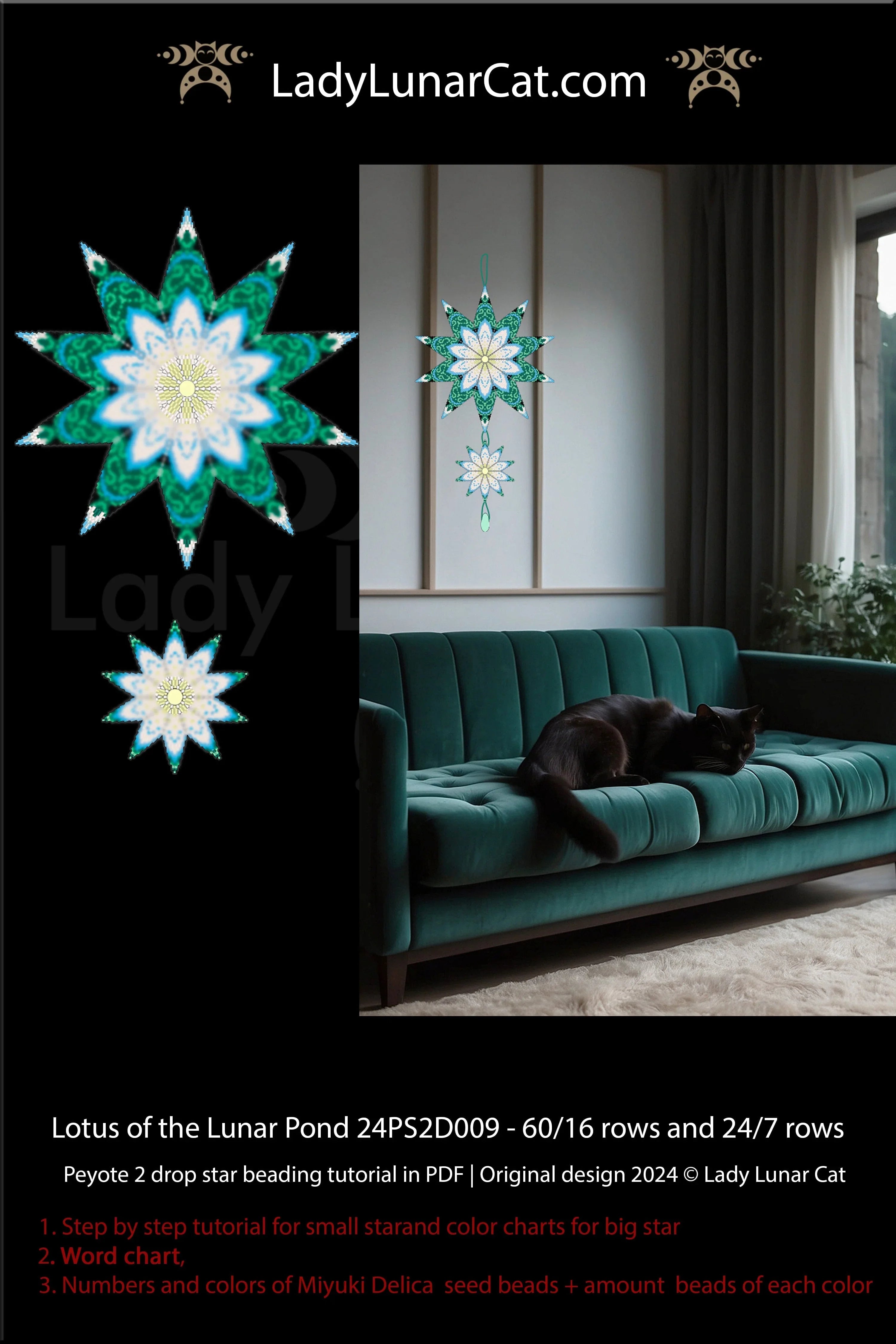 3D beaded star ornament pattern - Lotus peyote 2 drop two sizes PDF LadyLunarCat
