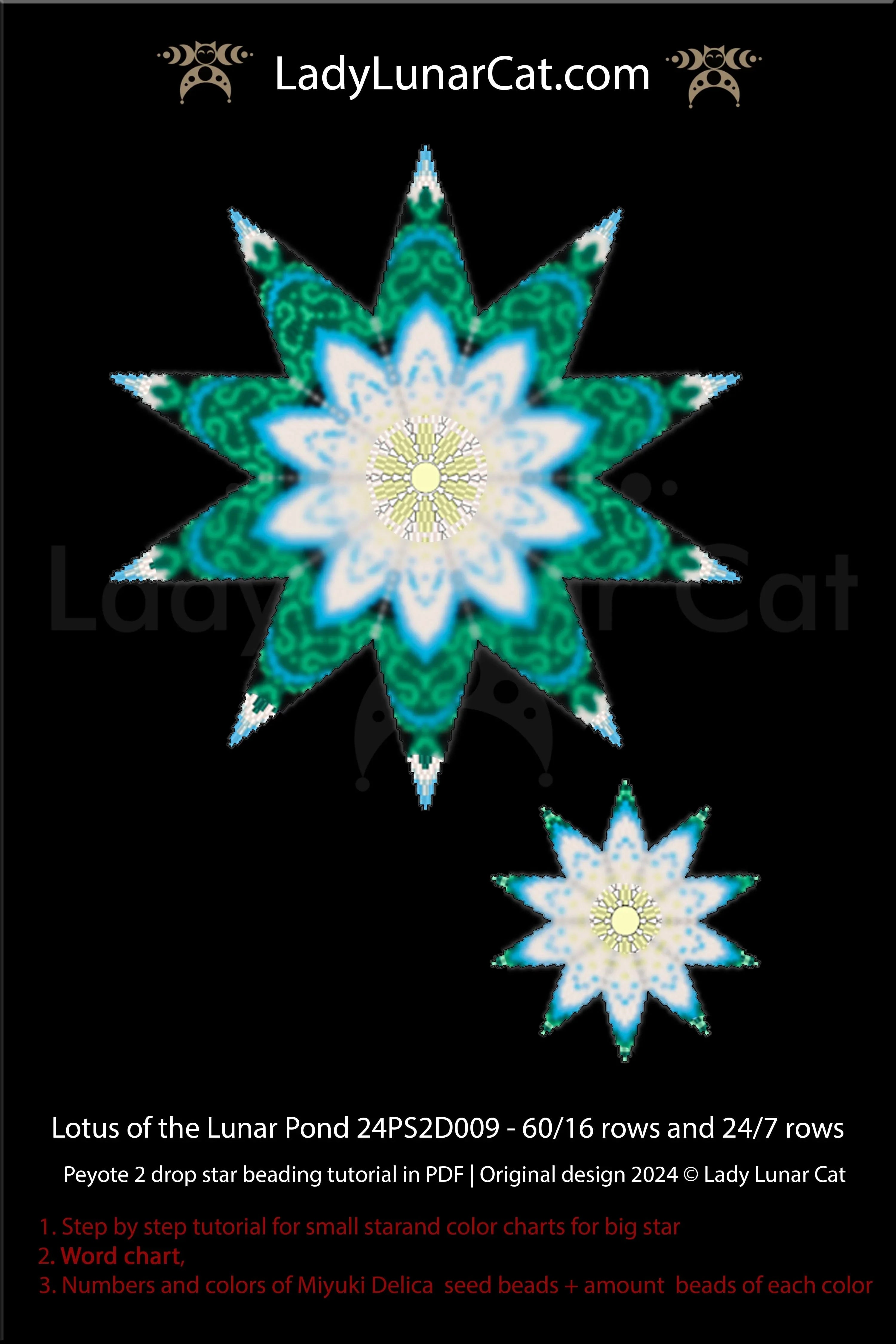 Peyote 2 drop star tutorial beginner - Lotus mandala beaded ornament LadyLunarCat