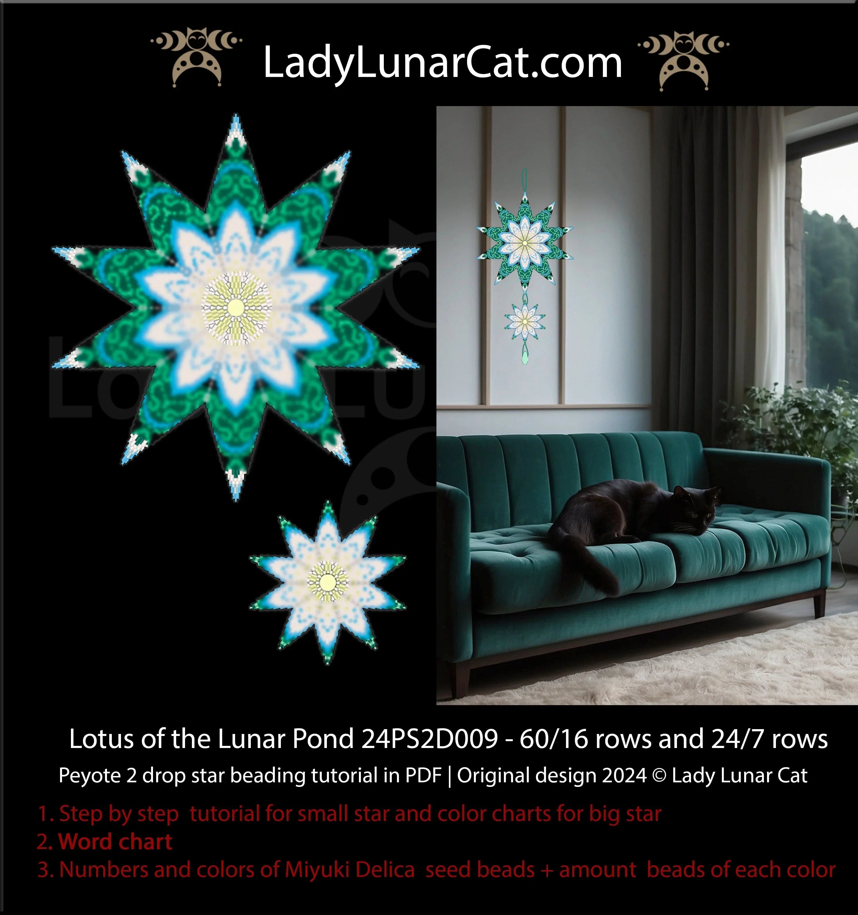 Beading pattern PDF lotus star - word chart and color legend included LadyLunarCat