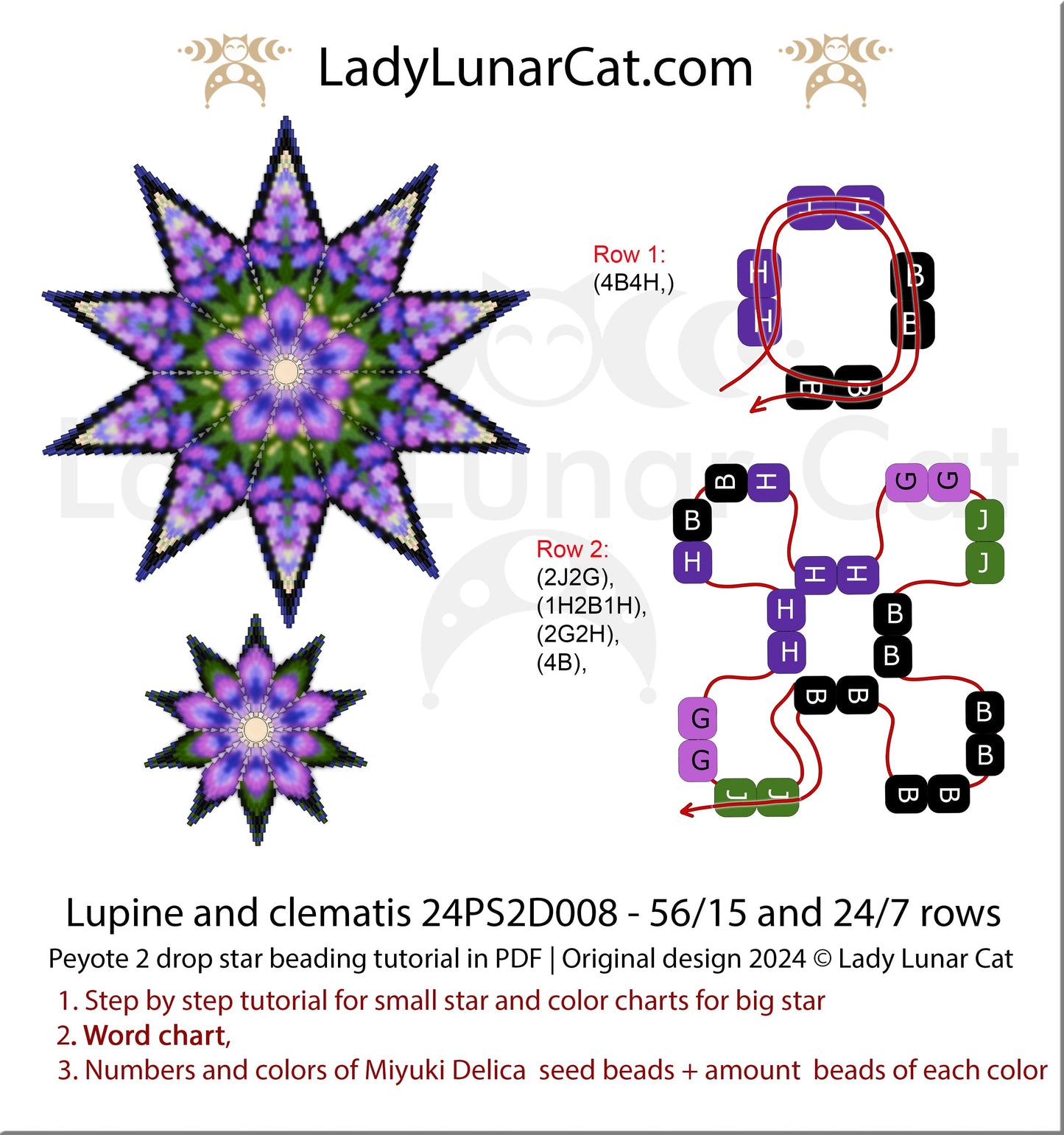 Peyote 2 drop star pattern for beading - Lupine and clematis 56/15 rows and 24/7 rows (Suitable for beginners)) (Copy) LadyLunarCat