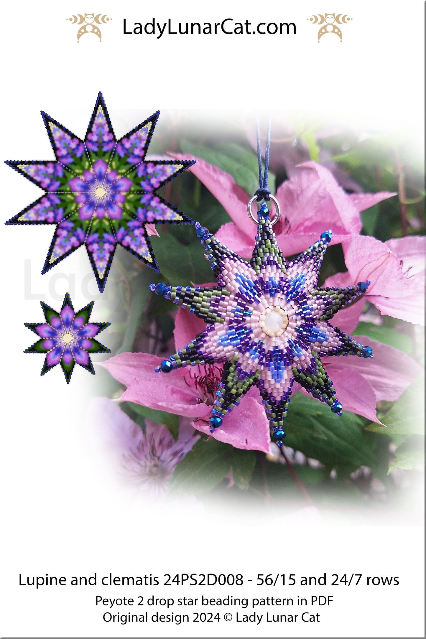 Peyote 2 drop star pattern for beading - Lupine and clematis 56/15 rows and 24/7 rows (Suitable for beginners)) LadyLunarCat