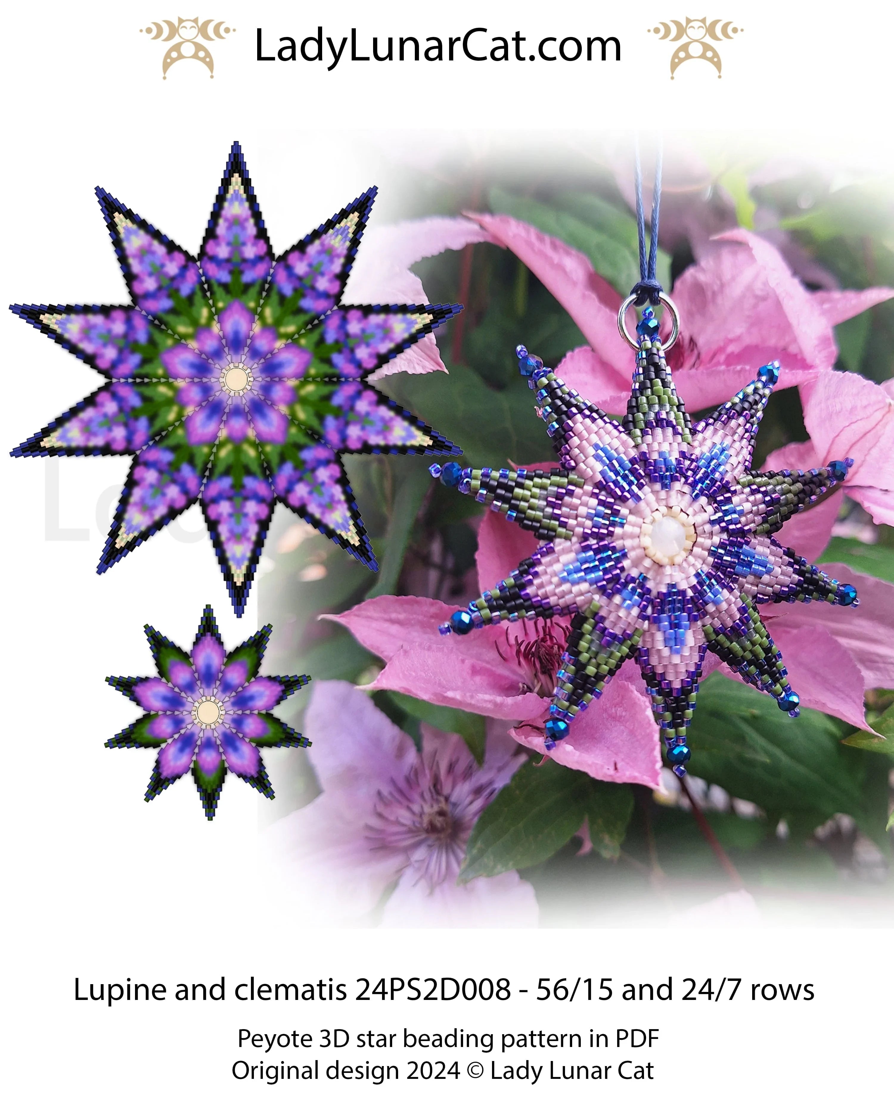 Lupine & Clematis beaded star pattern - large peyote 2 drop star 56 beads beginner PDF LadyLunarCat