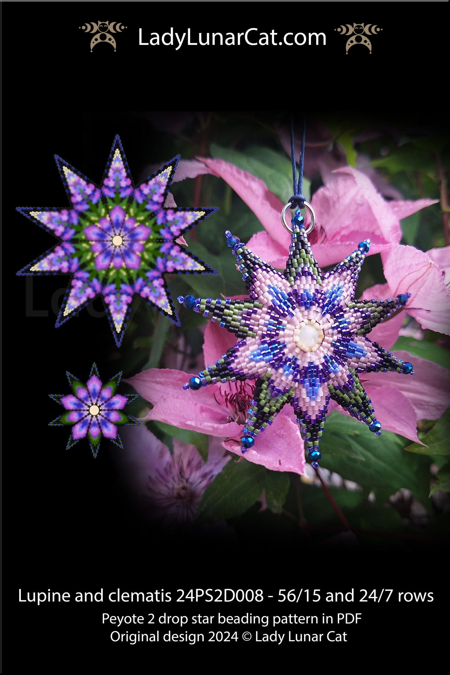 Peyote 2 drop star pattern for beading - Lupine and clematis 56/15 rows and 24/7 rows (Suitable for beginners)) LadyLunarCat