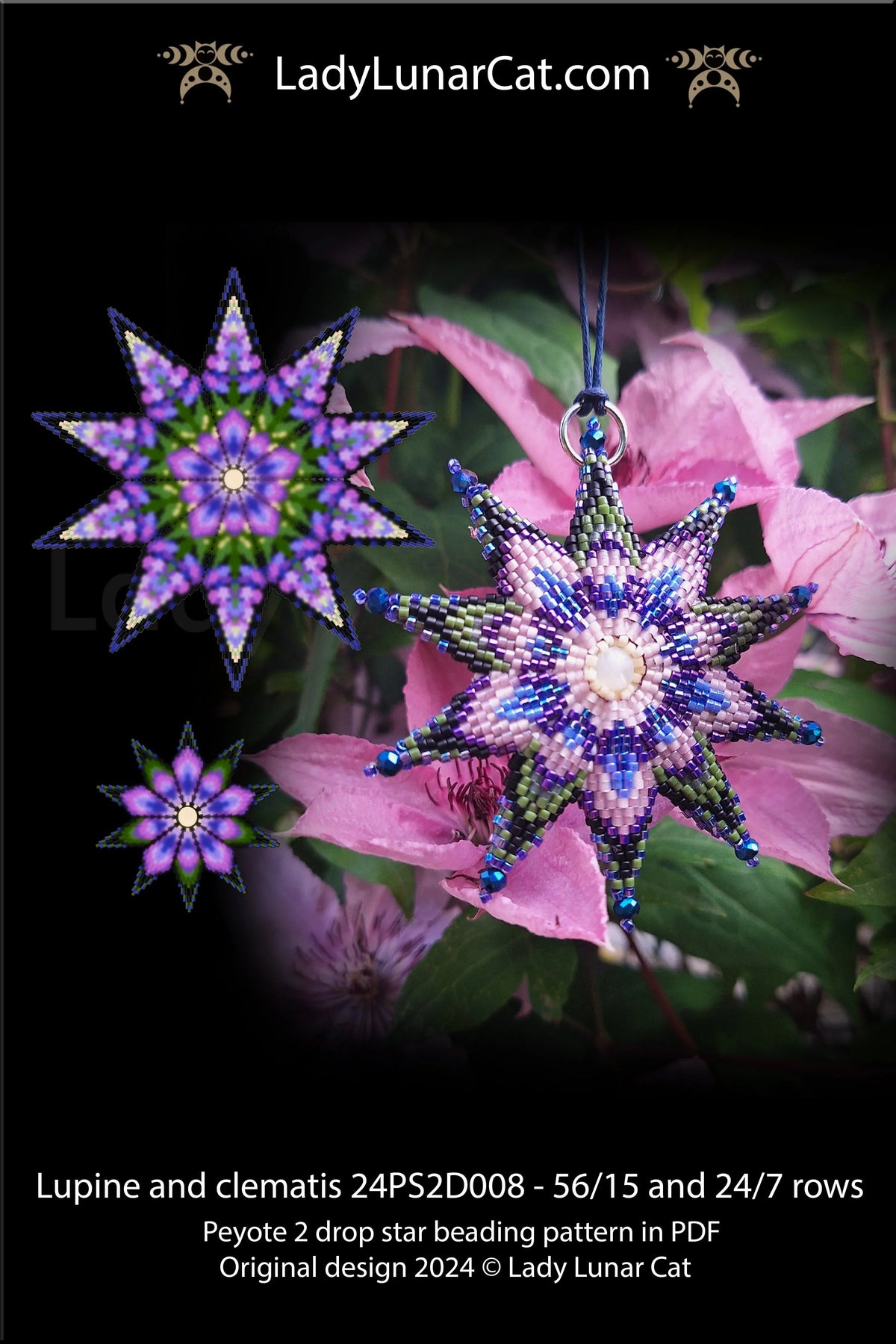 Summer beaded star ornament - Lupine Clematis floral peyote stitch 2 sizes LadyLunarCat
