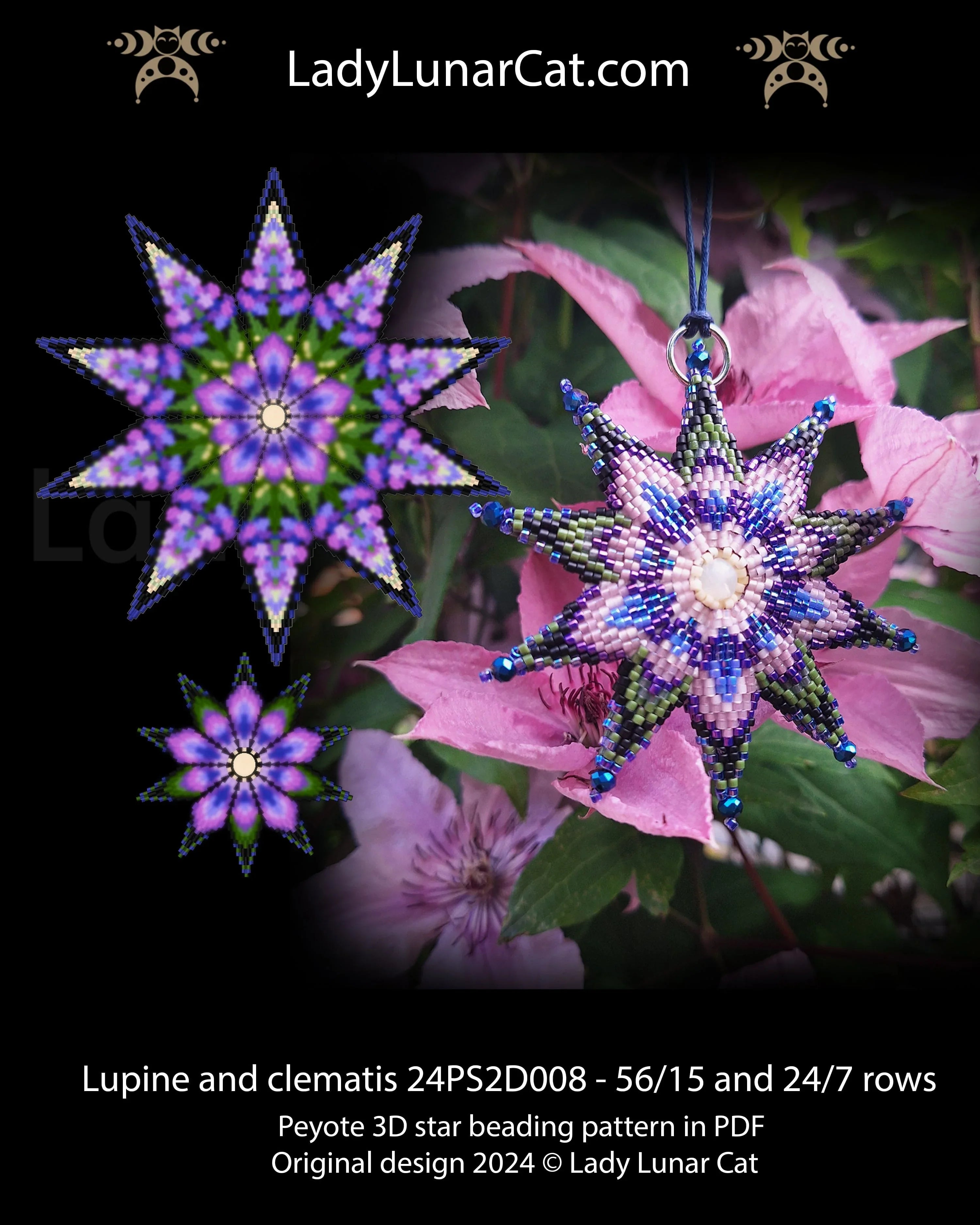 Peyote 2 drop star pattern PDF - Lupine & Clematis 2 sizes instant download LadyLunarCat