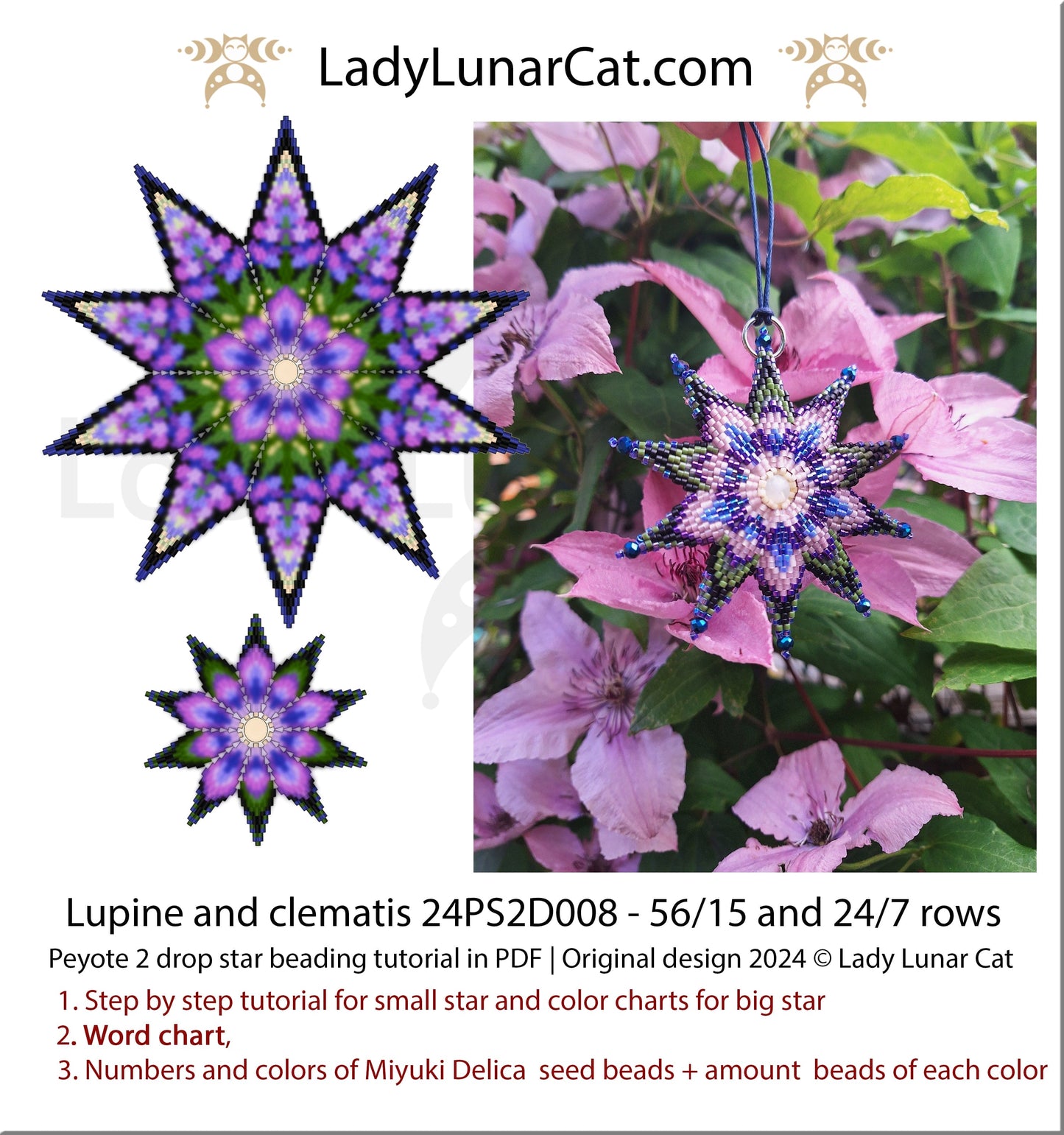 Peyote 2 drop star pattern for beading - Lupine and clematis 56/15 rows and 24/7 rows (Suitable for beginners)) (Copy) LadyLunarCat