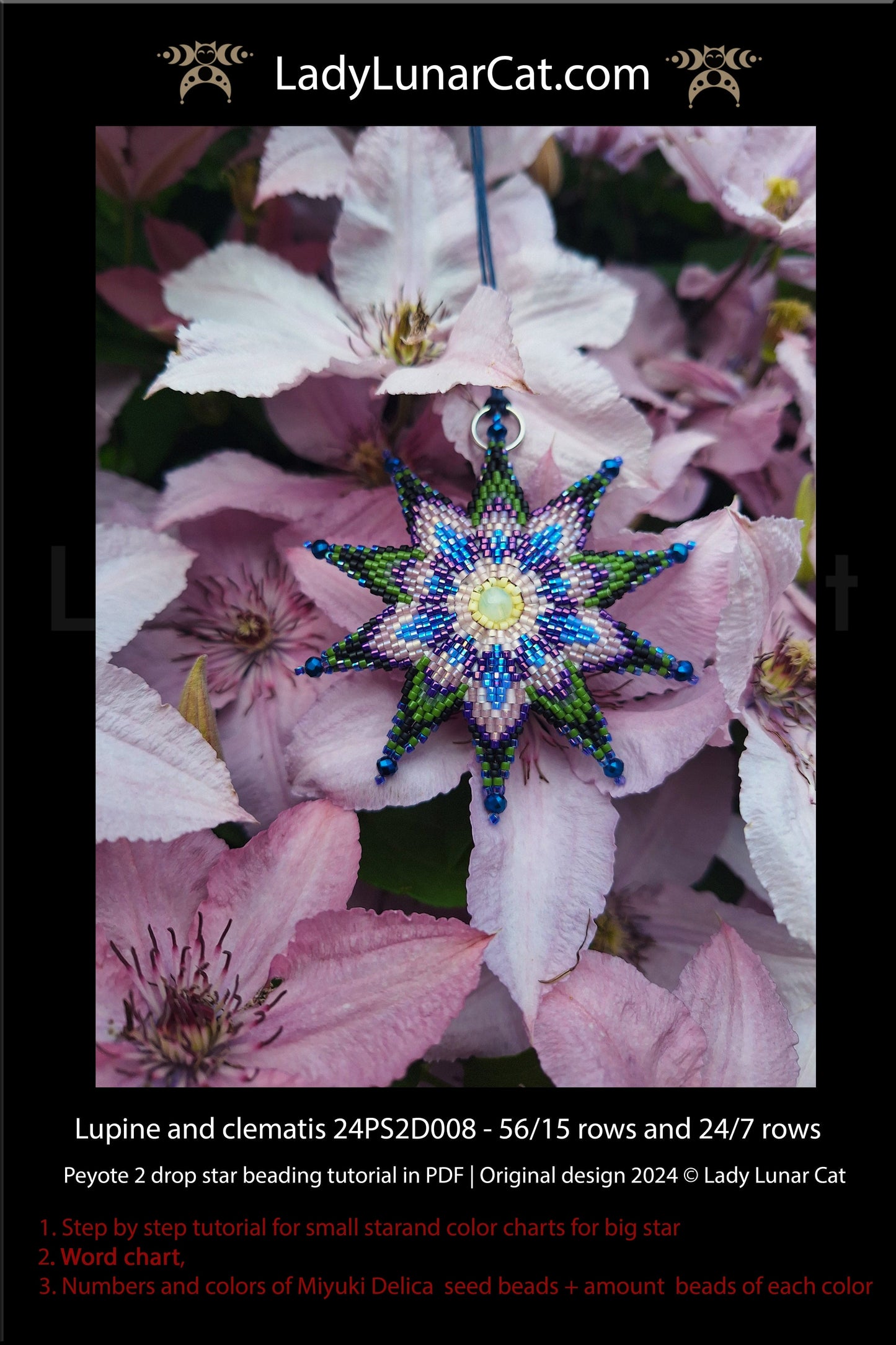 Peyote 2 drop star pattern for beading - Lupine and clematis 56/15 rows and 24/7 rows (Suitable for beginners)) (Copy) LadyLunarCat