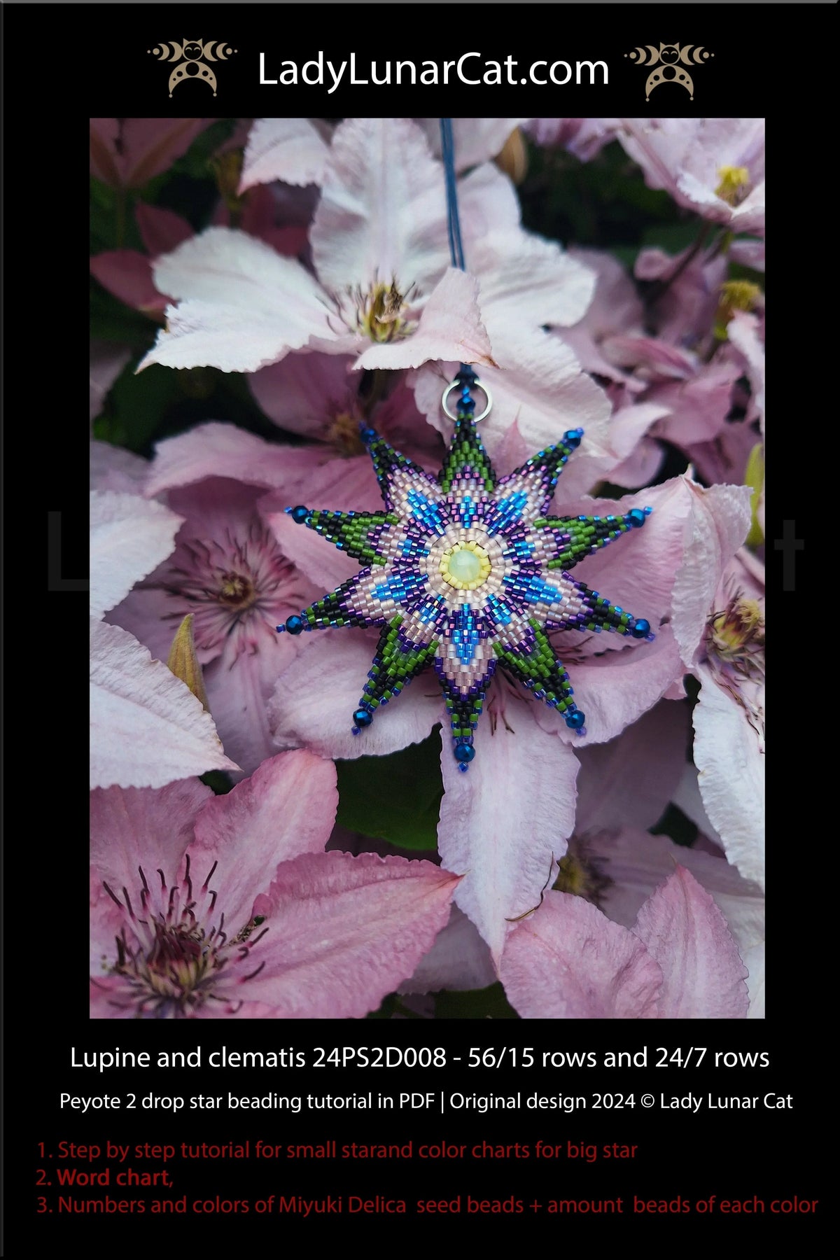 Lupine clematis beading pattern - word chart and color legend included LadyLunarCat
