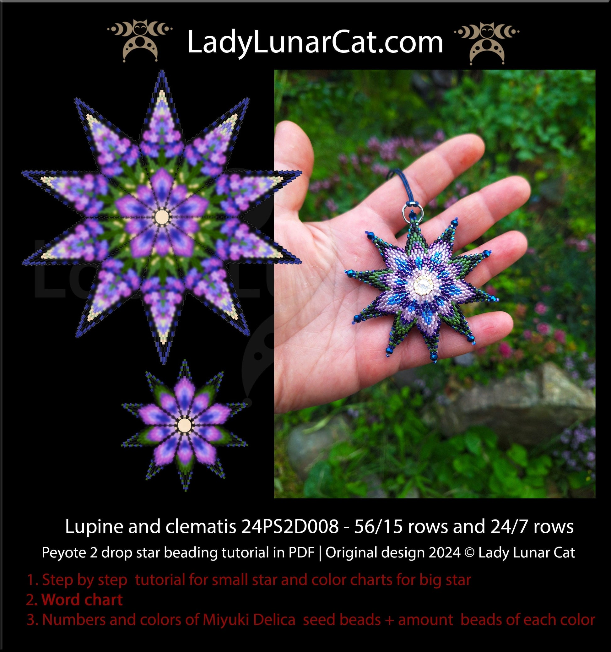 Peyote 2 drop star pattern for beading - Lupine and clematis 56/15 rows and 24/7 rows (Suitable for beginners)) (Copy) LadyLunarCat