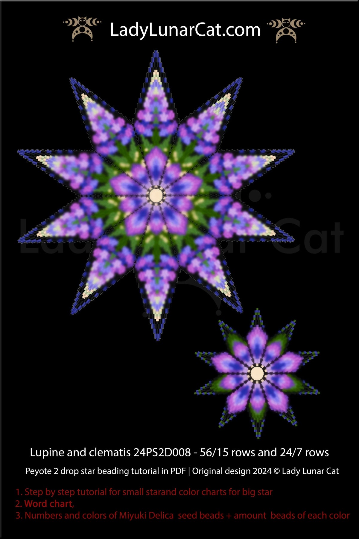 Lupine & Clematis peyote 2 drop star - violet botanical beading pattern PDF beginner LadyLunarCat