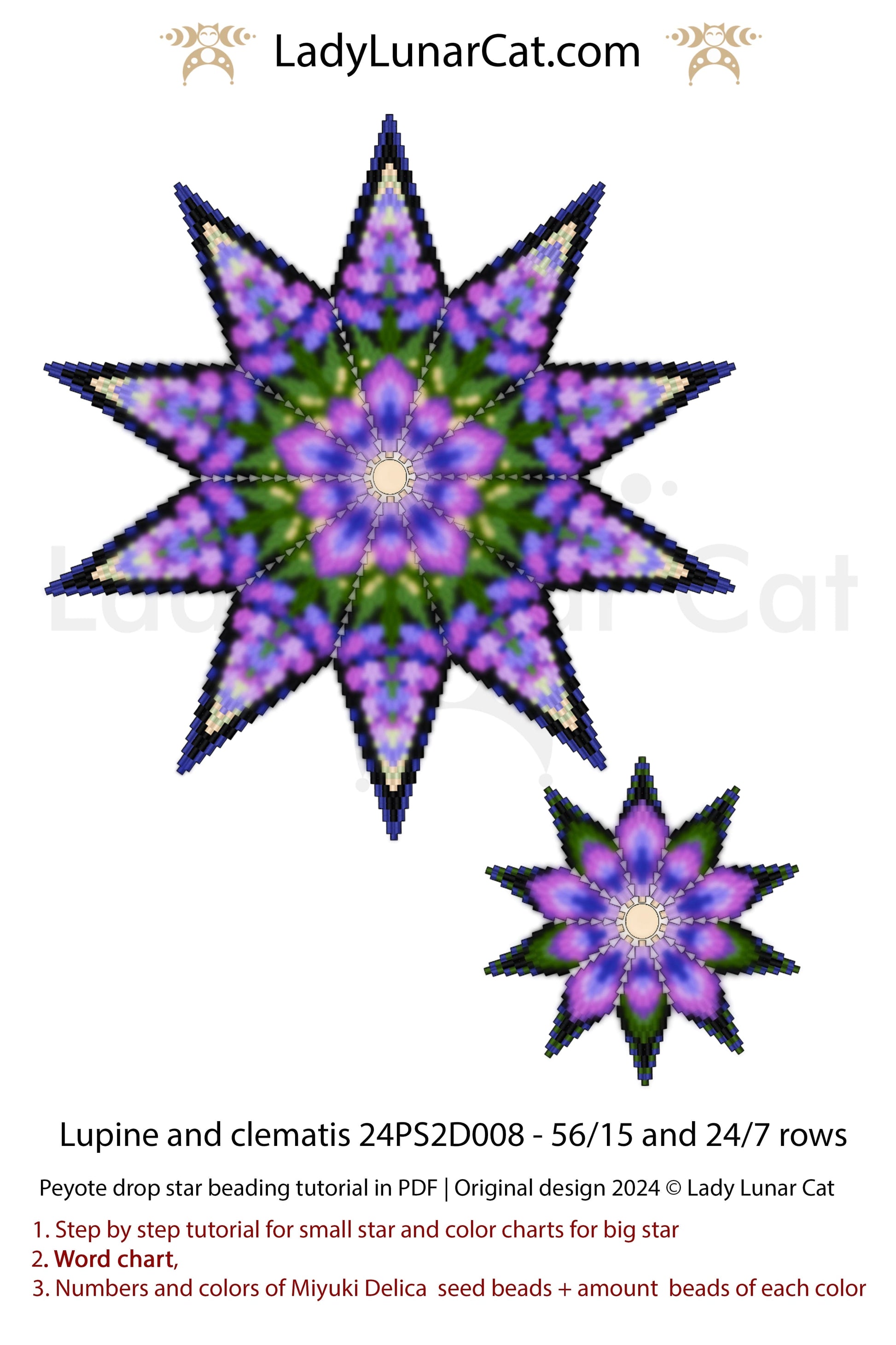 Peyote 2 drop star pattern for beading - Lupine and clematis 56/15 rows and 24/7 rows (Suitable for beginners)) (Copy) LadyLunarCat