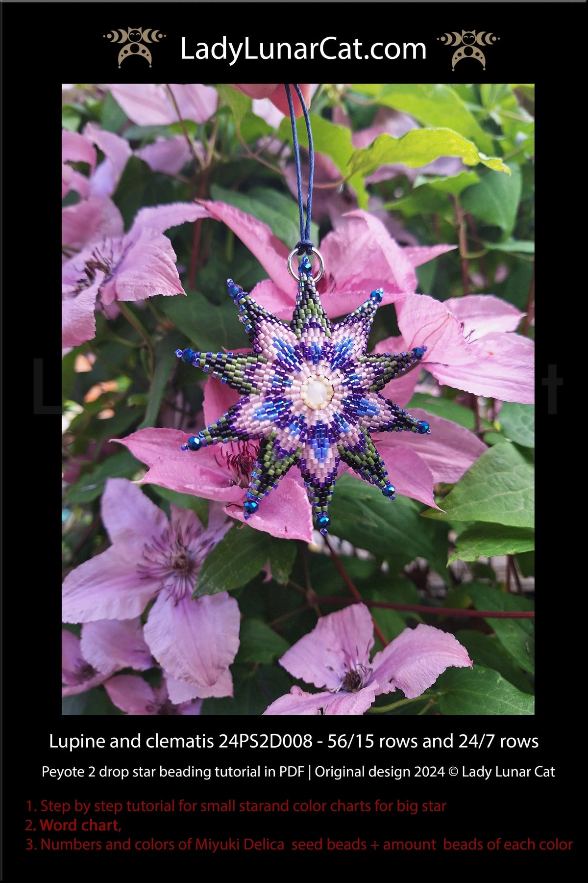 Peyote 2 drop star tutorial - Lupine Clematis large and small star set LadyLunarCat