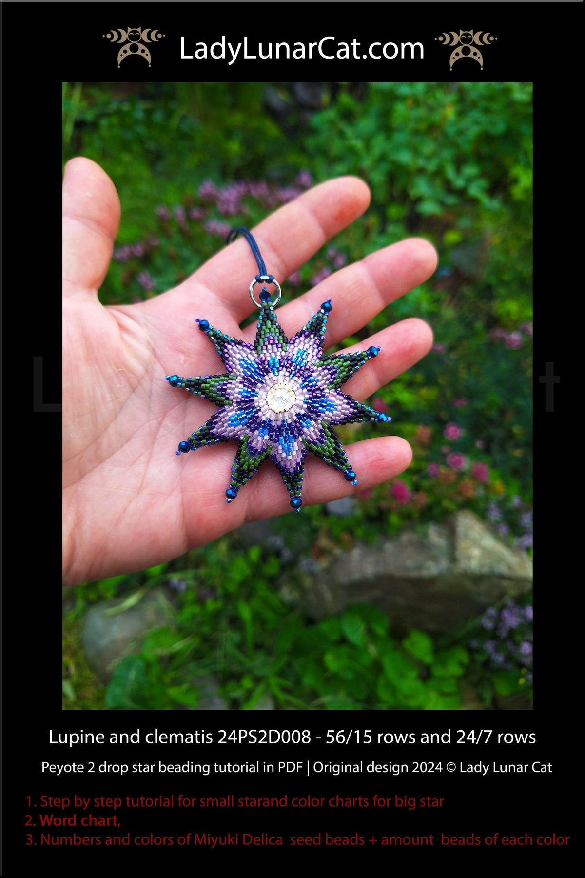 Seed bead star pattern PDF - Lupine & Clematis violet summer design LadyLunarCat