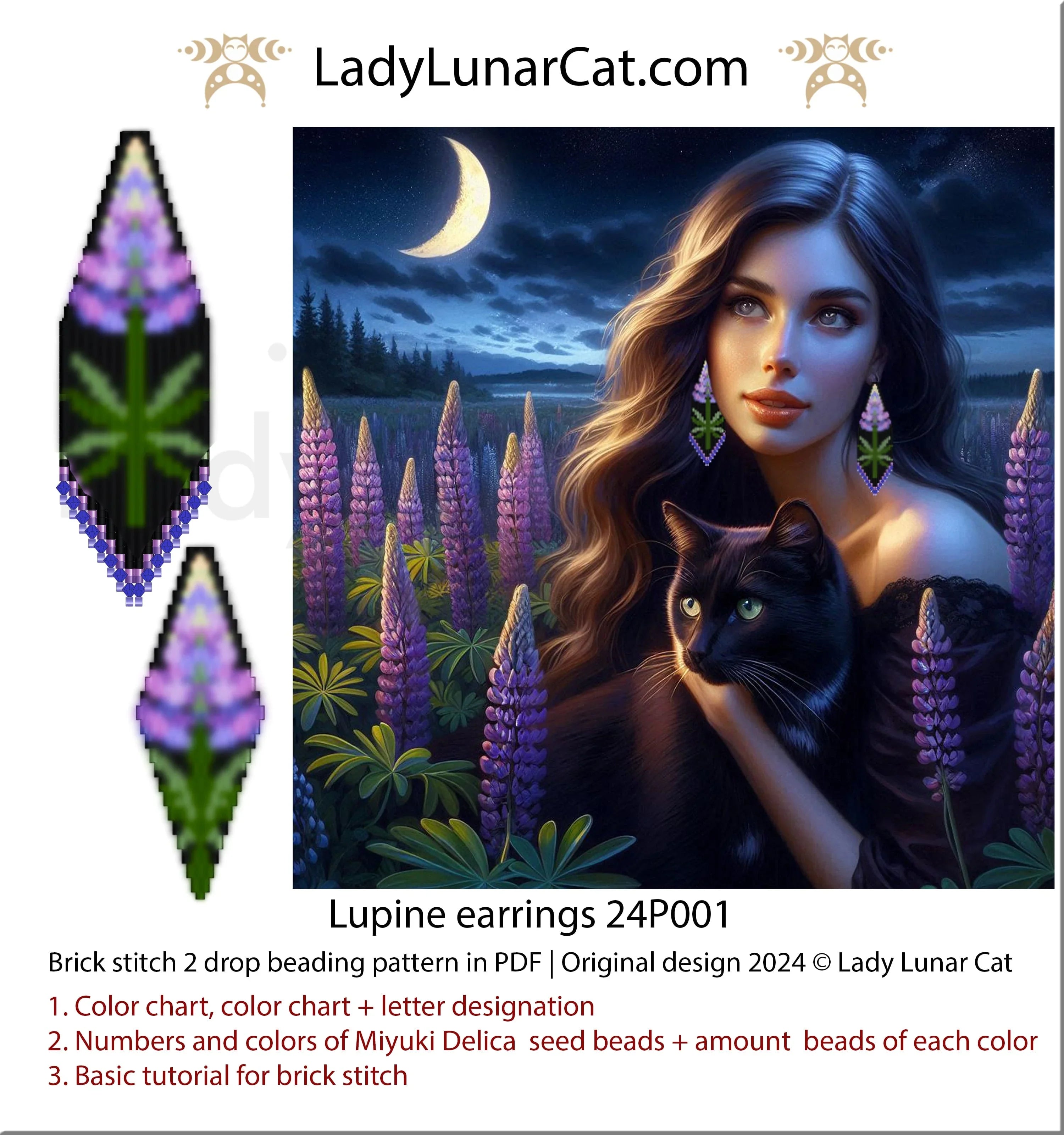 Lupine brick stitch earring pattern - floral fringe beaded earrings beginner PDF LadyLunarCat