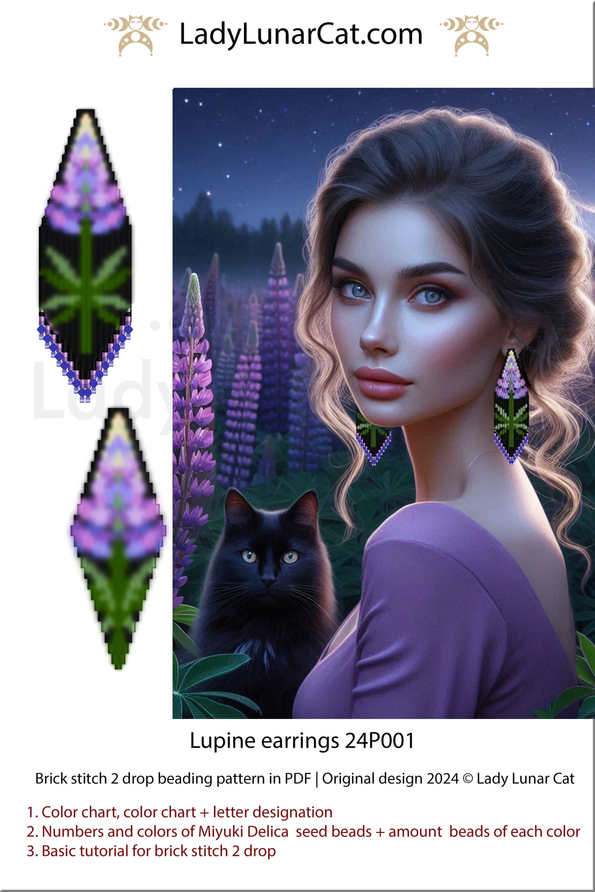 Lupine brick stitch earring pattern - step by step beading tutorial PDF instant download LadyLunarCat