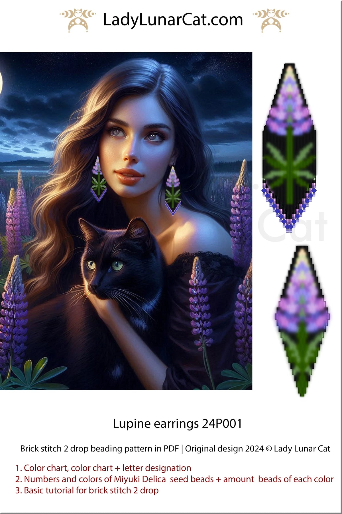 Lupine beaded earring pattern detail - brick stitch 2 drop fringe Miyuki Delica LadyLunarCat