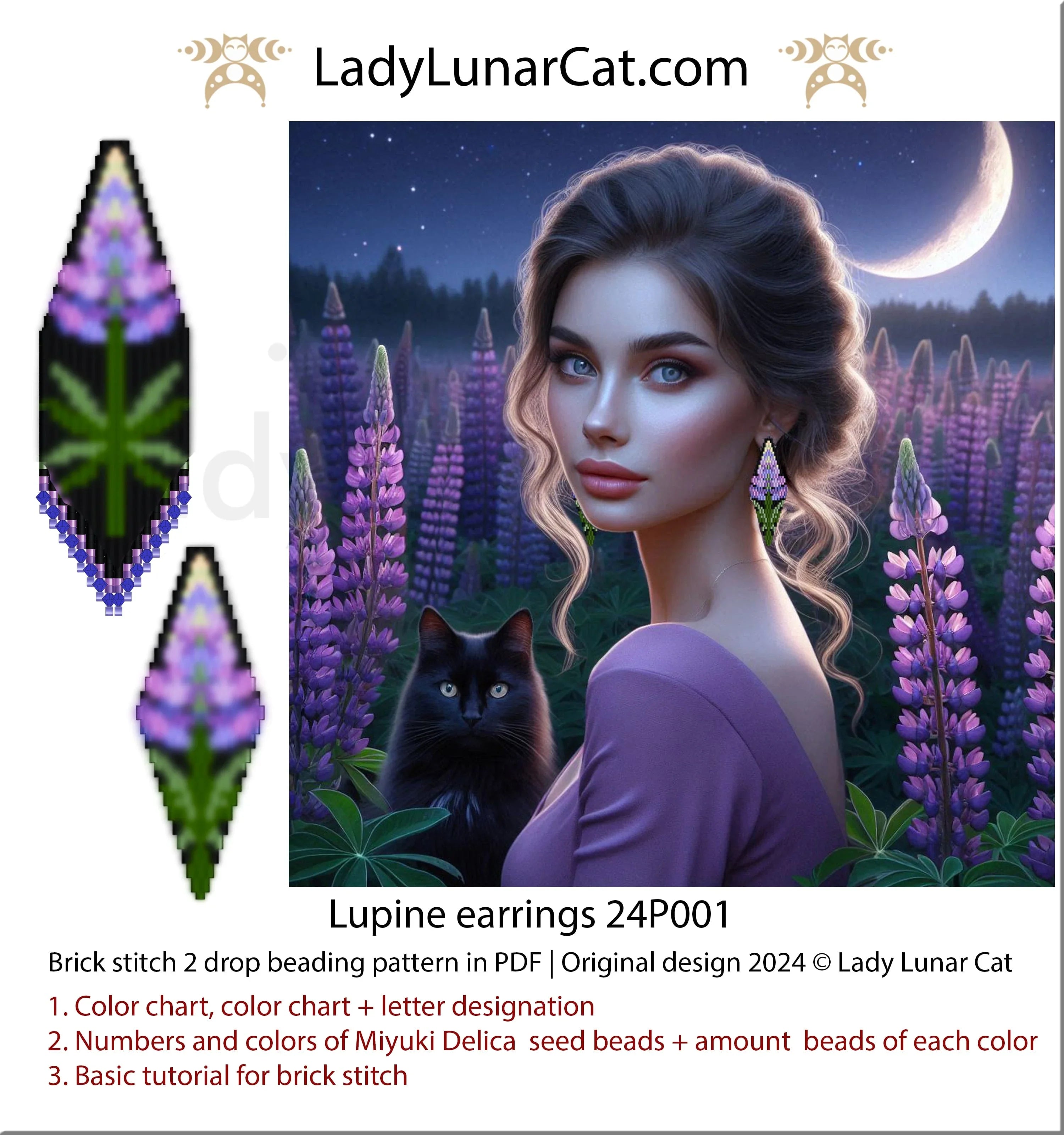 Brick stitch earring pattern PDF - Lupine floral design beginner friendly LadyLunarCat