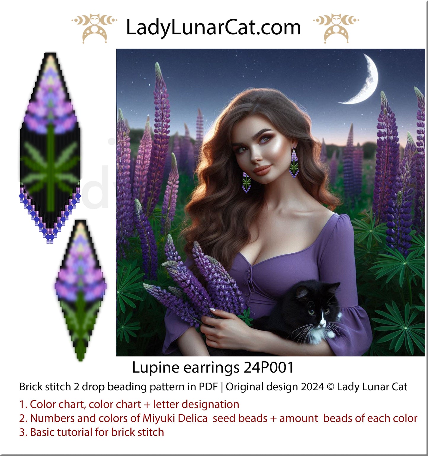 Peyote 2 drop pod pattern or crystalpod pattern for beading Magical Lupine 24PCP001 (Suitable for beginners) (Copy) LadyLunarCat