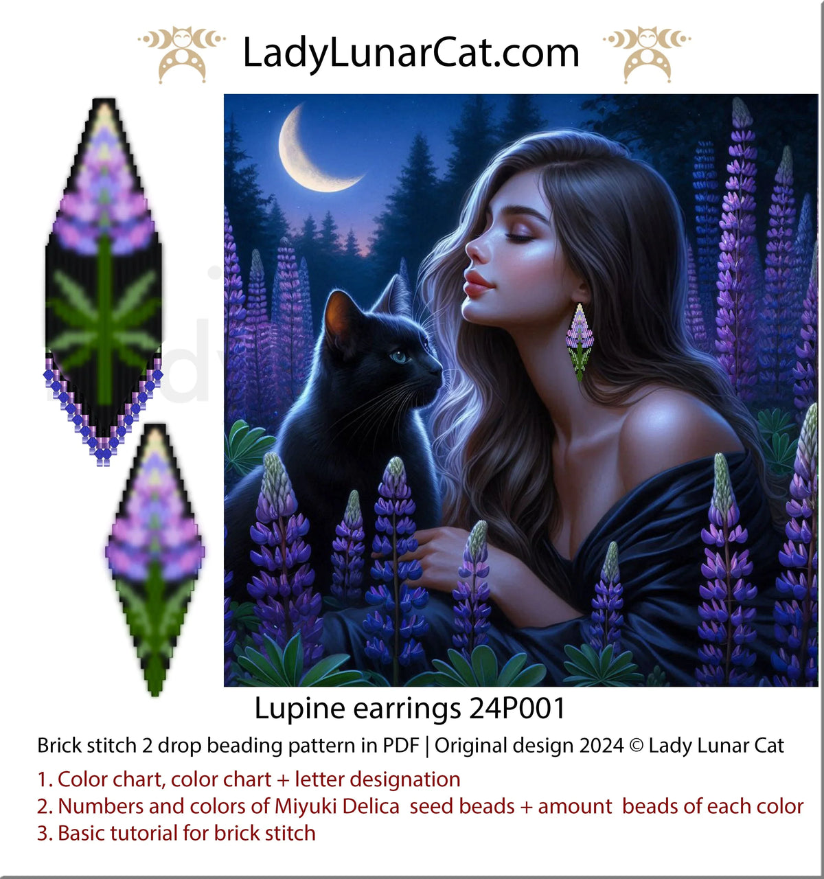 Seed bead earring pattern - Lupine summer floral brick stitch PDF LadyLunarCat