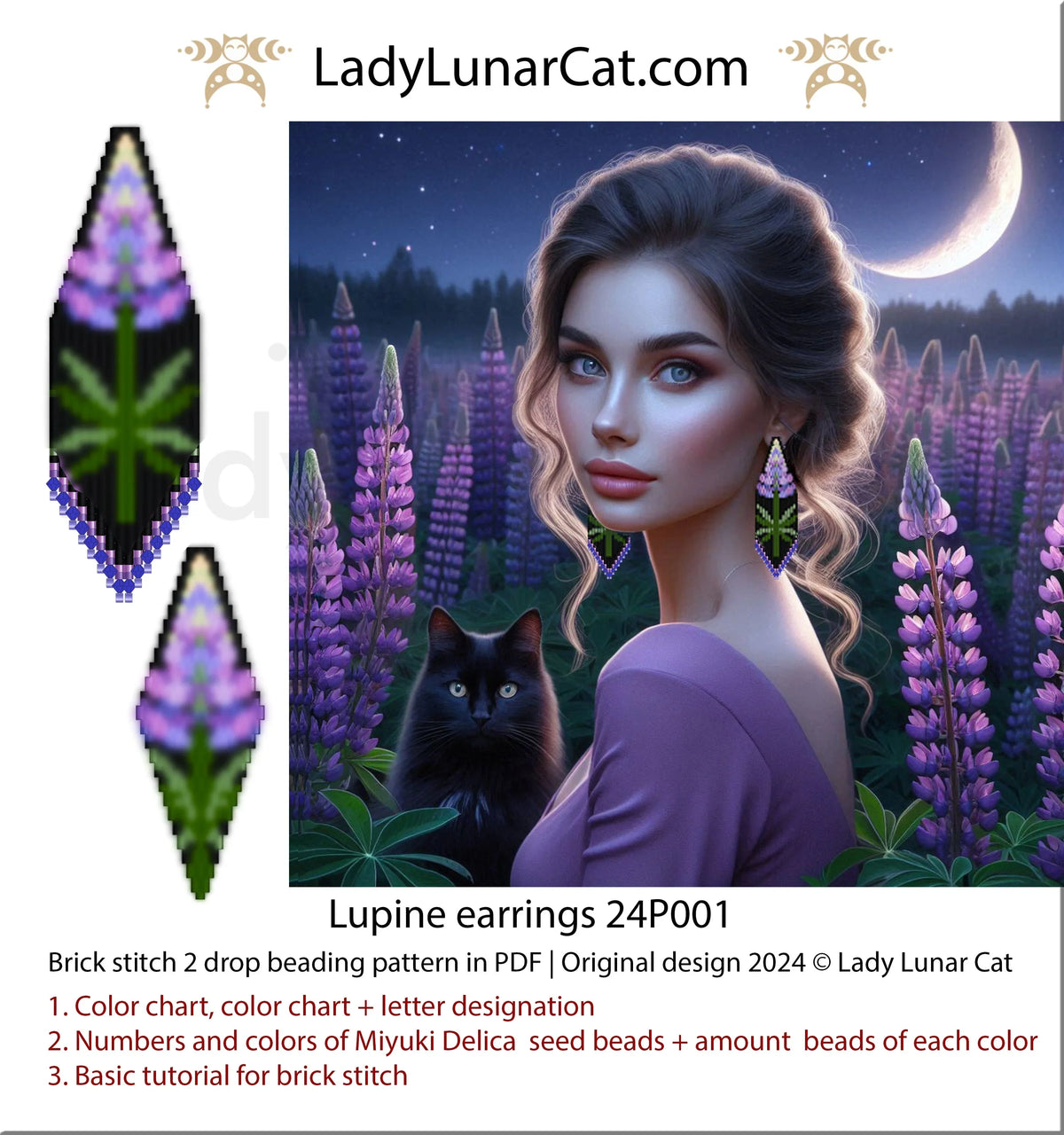 Beaded earring pattern PDF - Lupine brick stitch fringe tutorial LadyLunarCat