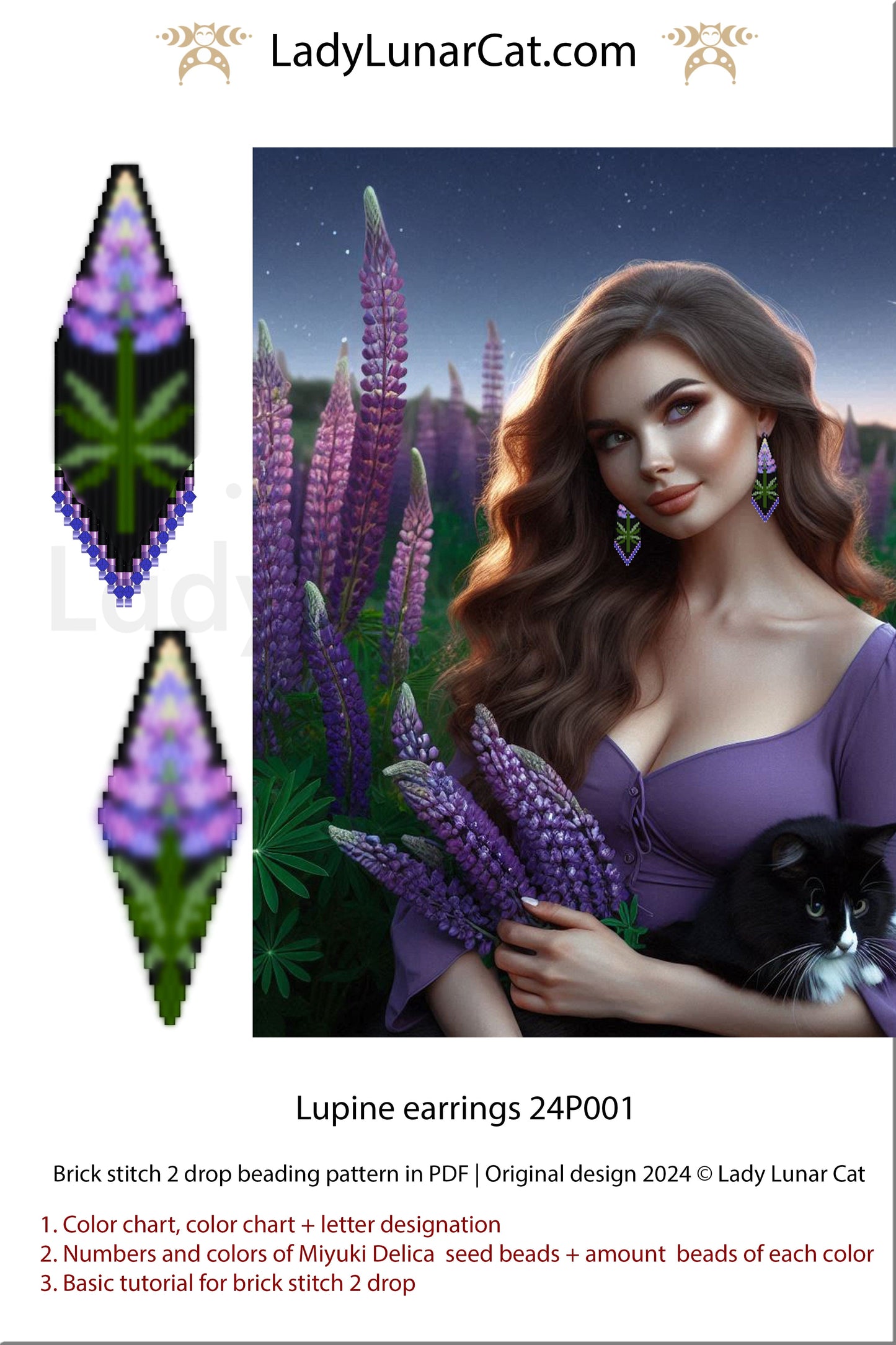 Peyote 2 drop pod pattern or crystalpod pattern for beading Magical Lupine 24PCP001 (Suitable for beginners) (Copy) LadyLunarCat