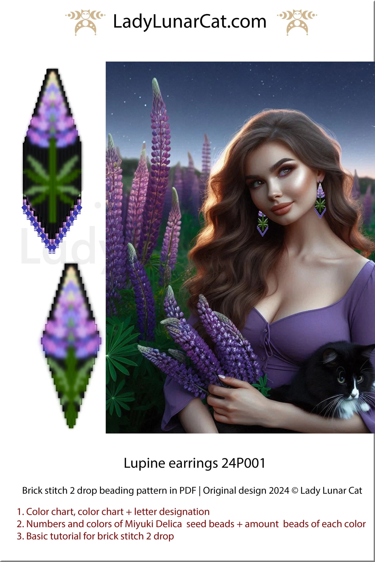Lupine brick stitch earrings color detail - Miyuki Delica 11/0 beading pattern LadyLunarCat