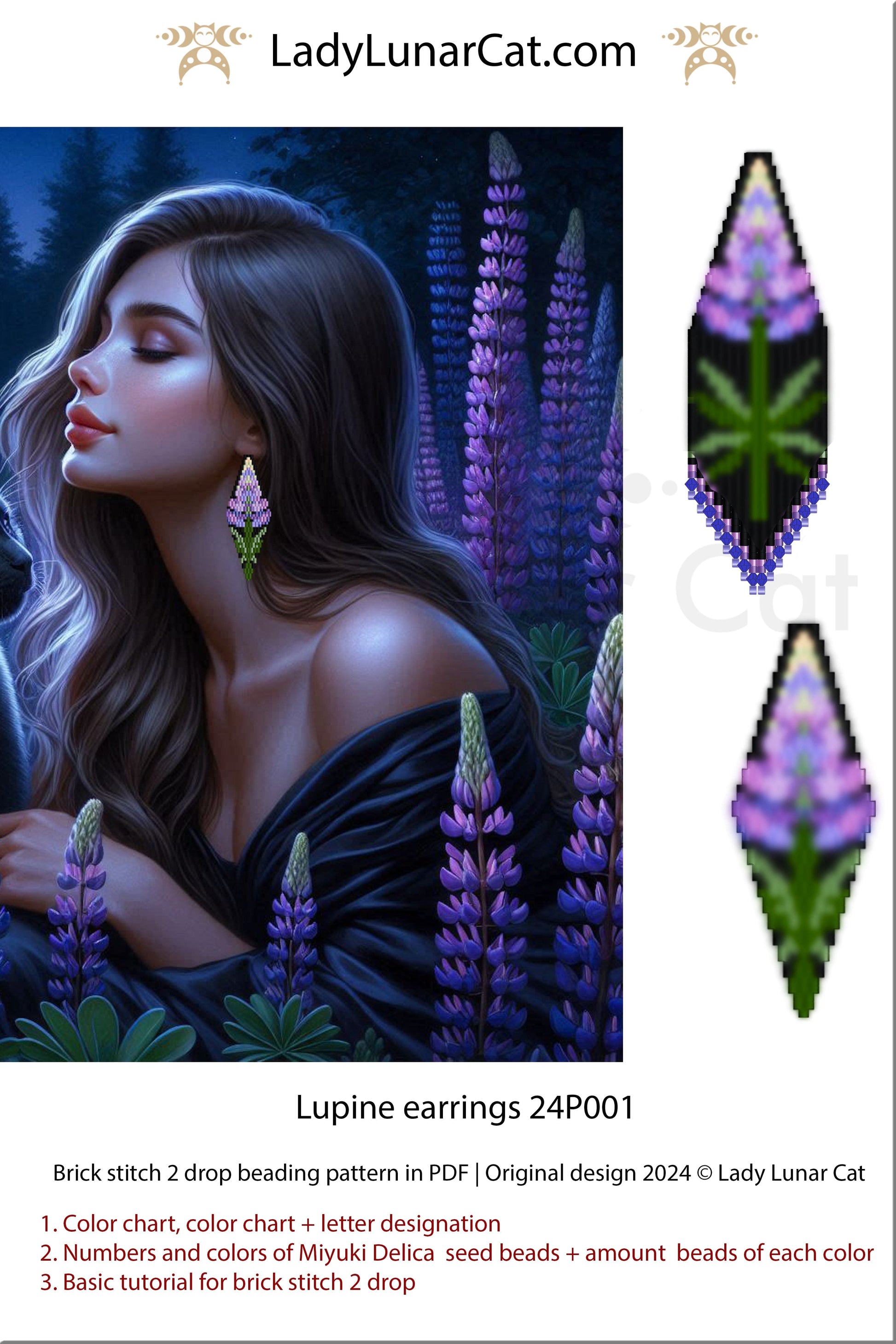 Peyote 2 drop pod pattern or crystalpod pattern for beading Magical Lupine 24PCP001 (Suitable for beginners) (Copy) LadyLunarCat