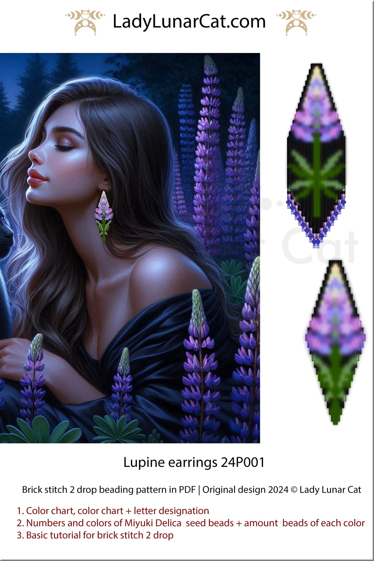 Floral beaded earring tutorial - Lupine brick stitch 2 drop beginner PDF LadyLunarCat