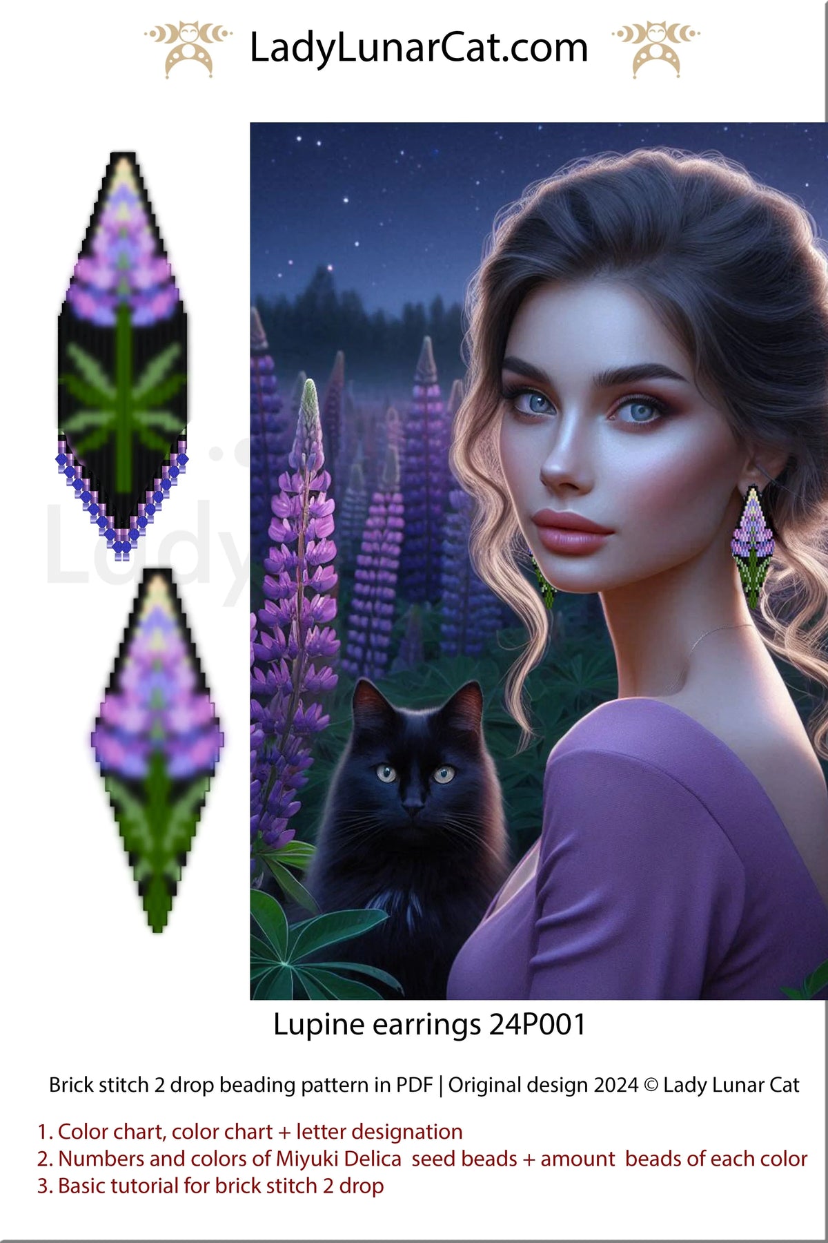 DIY beaded earrings pattern - Lupine summer floral brick stitch LadyLunarCat