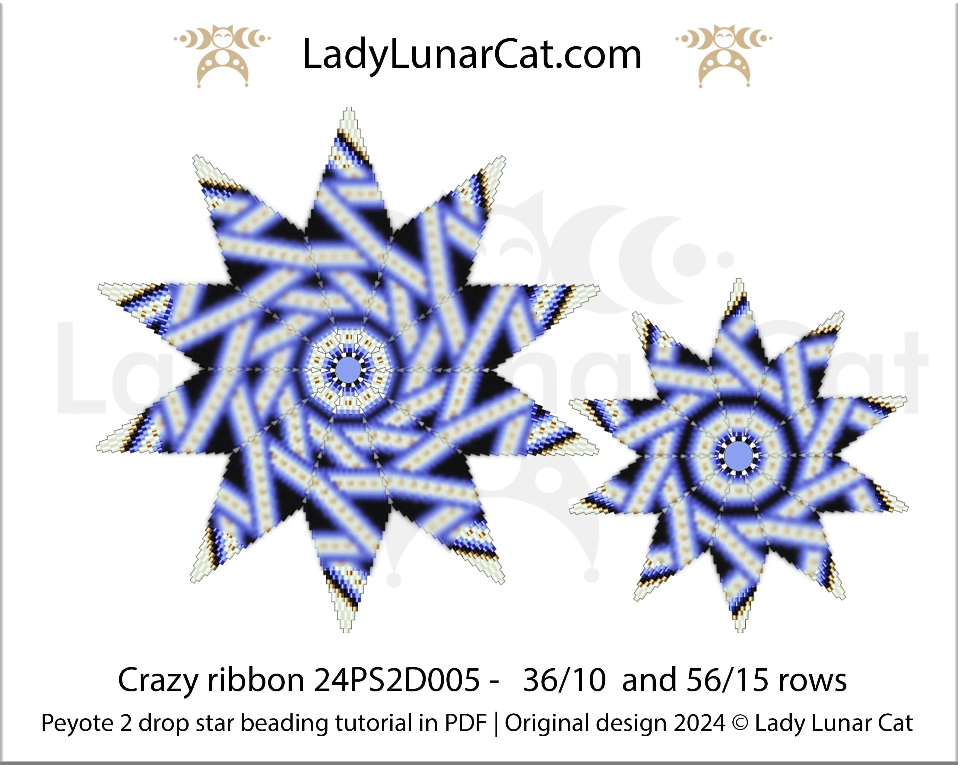 Crazy Ribbon beaded star - medium star 36 beads 10 rows colorway view LadyLunarCat