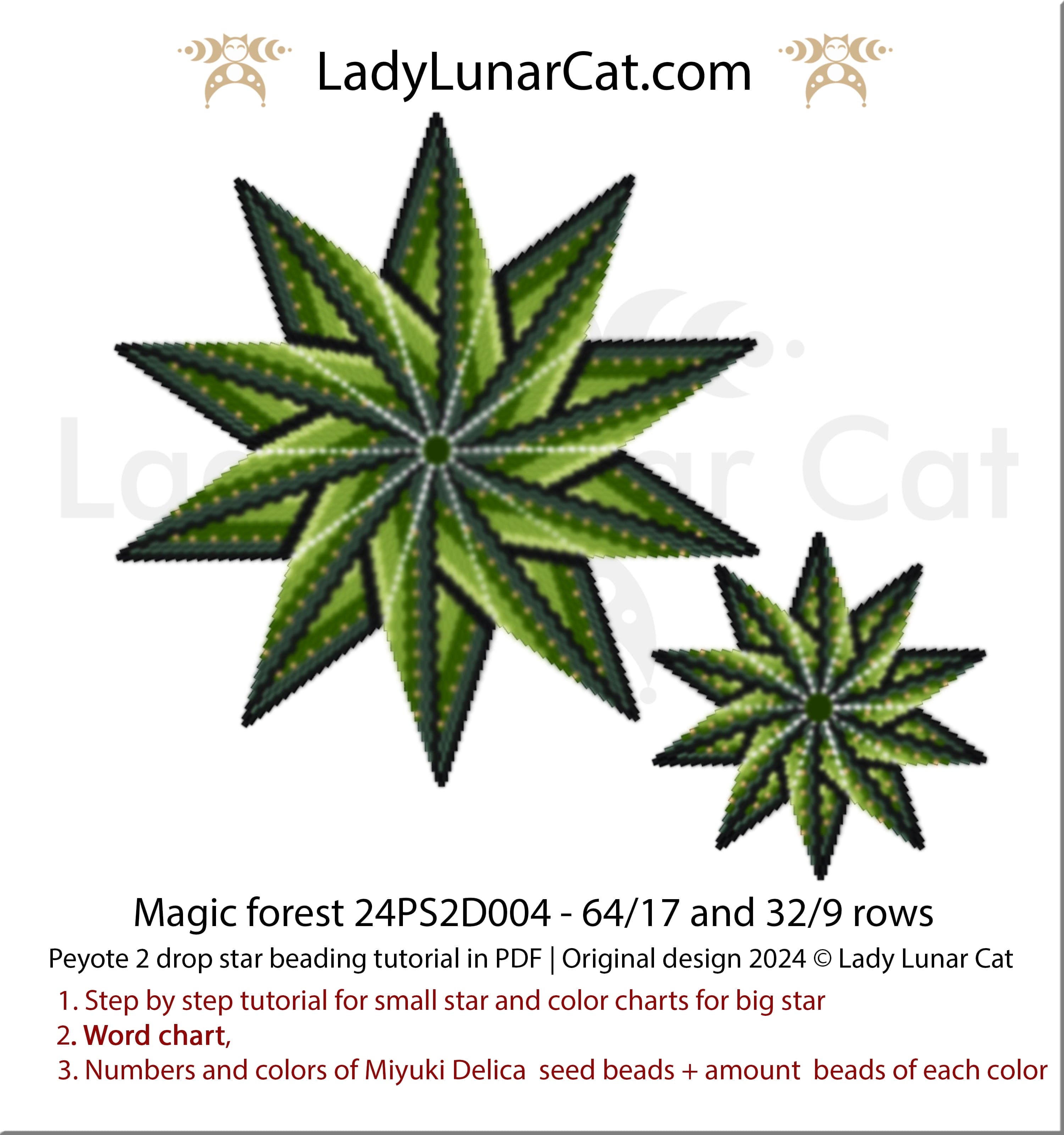 Peyote 2 drop star pattern for beading - Magic forest  64/17 rows and 32/ 9 rows (Copy) LadyLunarCat