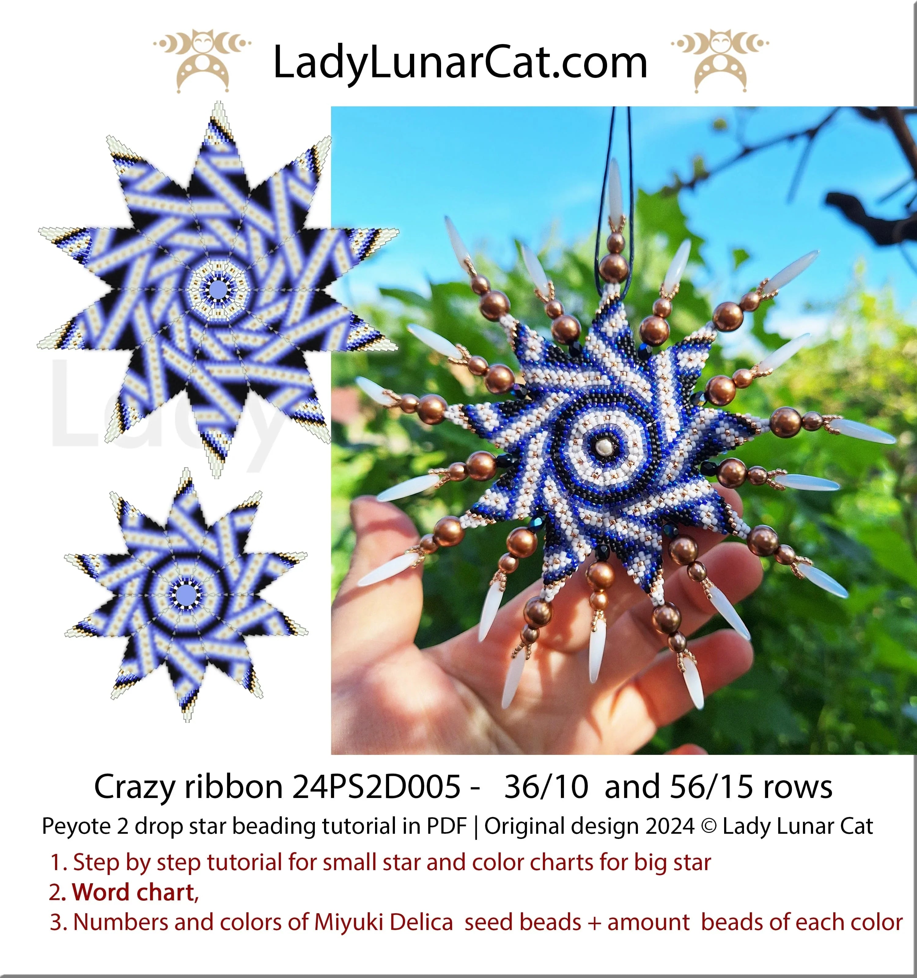 Crazy Ribbon beaded star pattern - large peyote 2 drop star 56 beads optical illusion LadyLunarCat