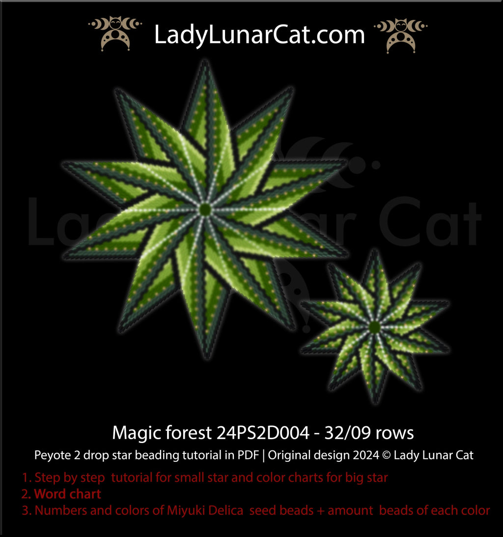 Peyote 2 drop star pattern for beading - Magic forest  64/17 rows and 32/ 9 rows (Copy) LadyLunarCat
