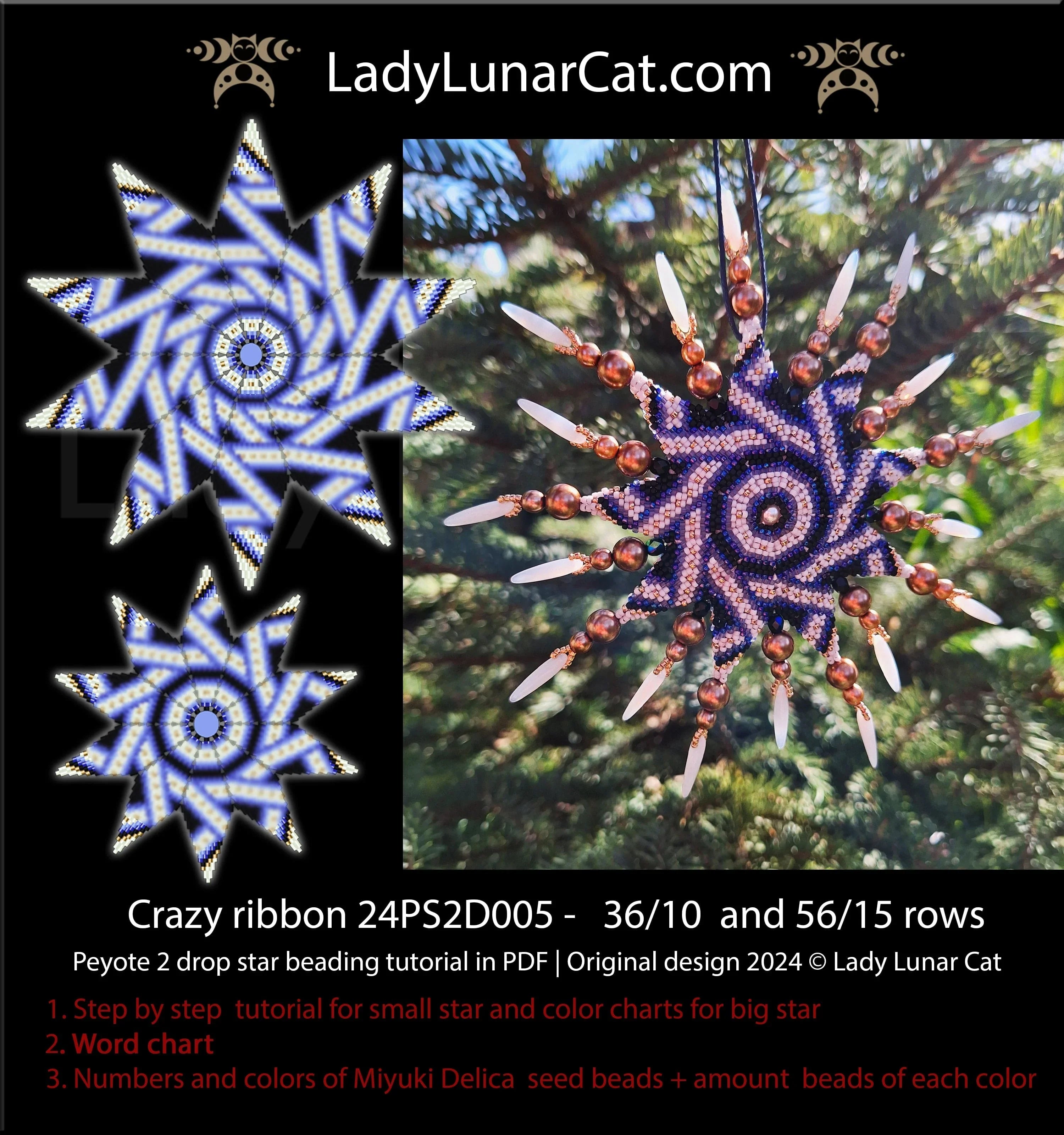 Crazy Ribbon peyote star pattern detail - geometric ribbon design Miyuki Delica LadyLunarCat
