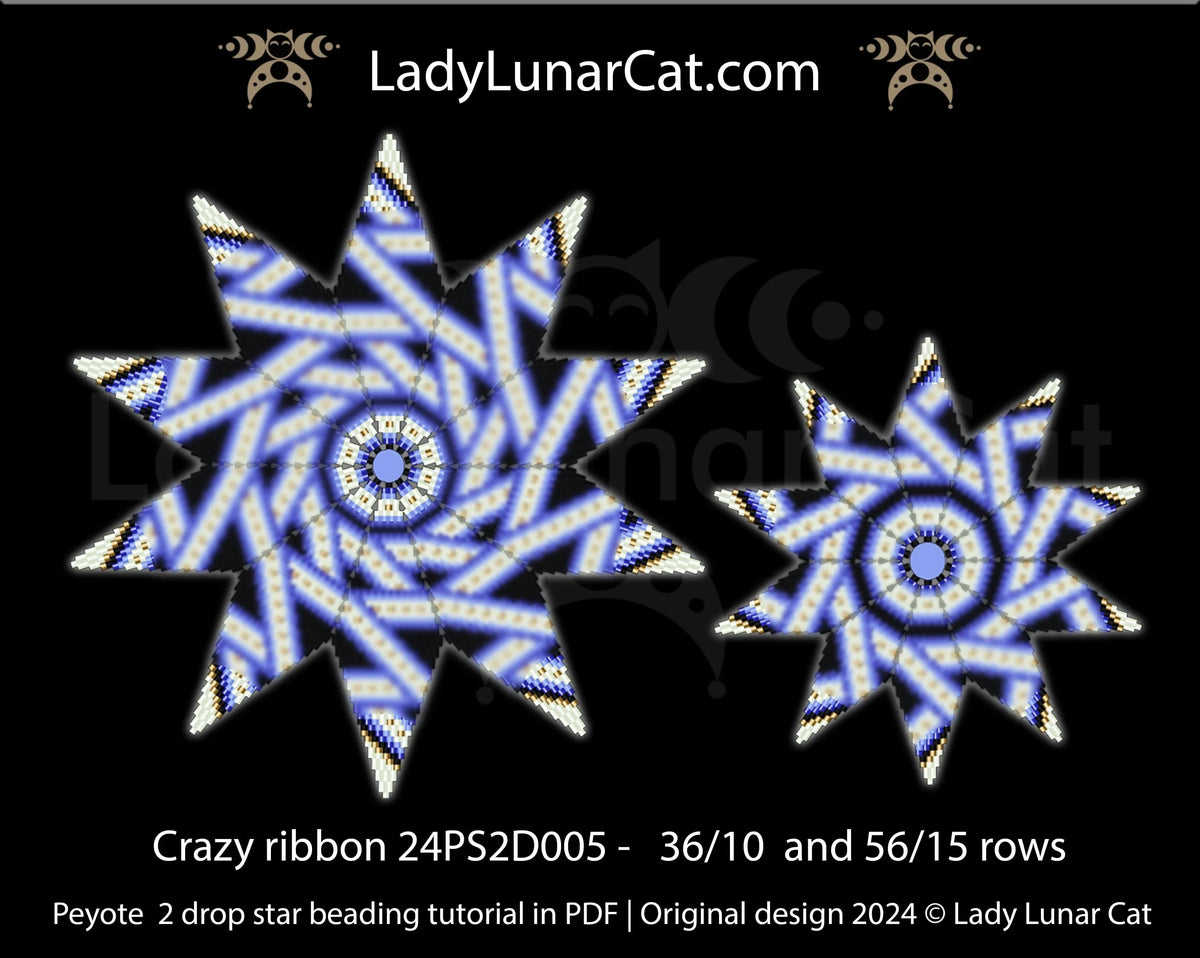 Geometric beaded star pattern - Crazy Ribbon peyote 2 drop optical illusion PDF LadyLunarCat