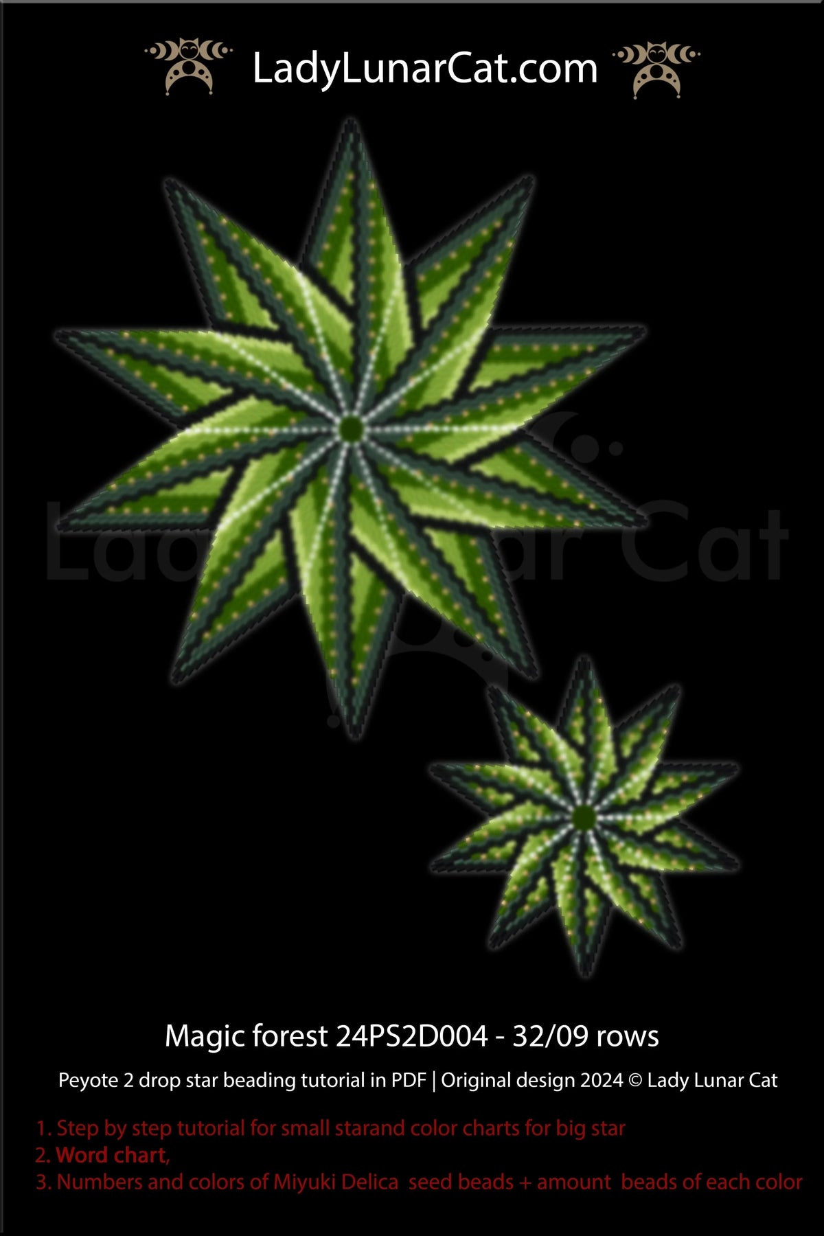 Magic Forest beaded star ornament - enchanted nature beading PDF beginner LadyLunarCat