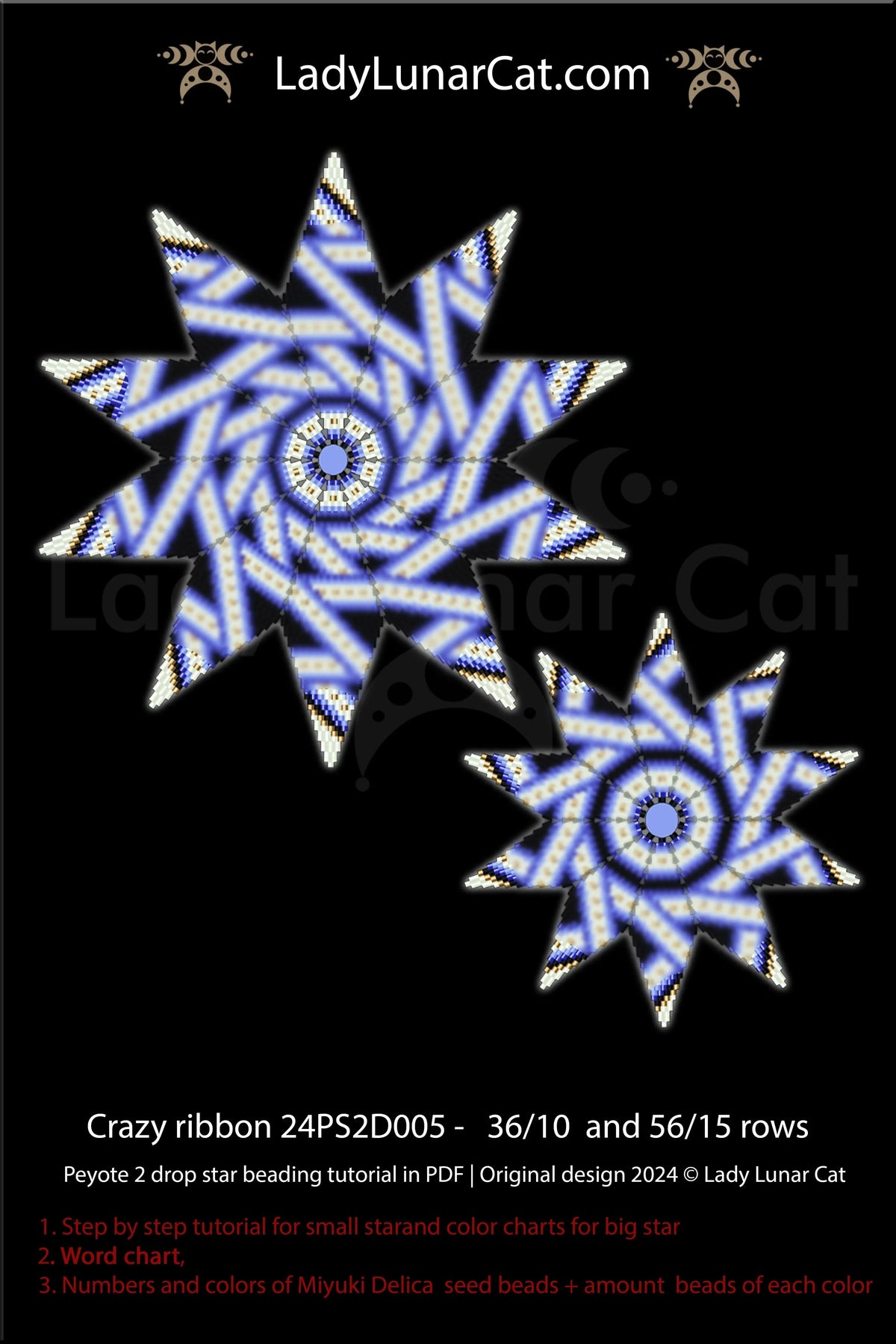 Crazy Ribbon peyote star - color detail view abstract geometric beading LadyLunarCat