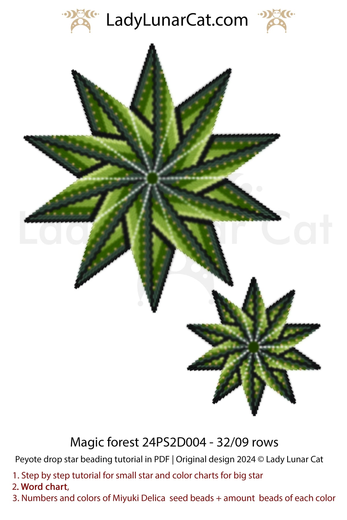 Magic Forest seed bead star pattern - word chart and color legend included LadyLunarCat