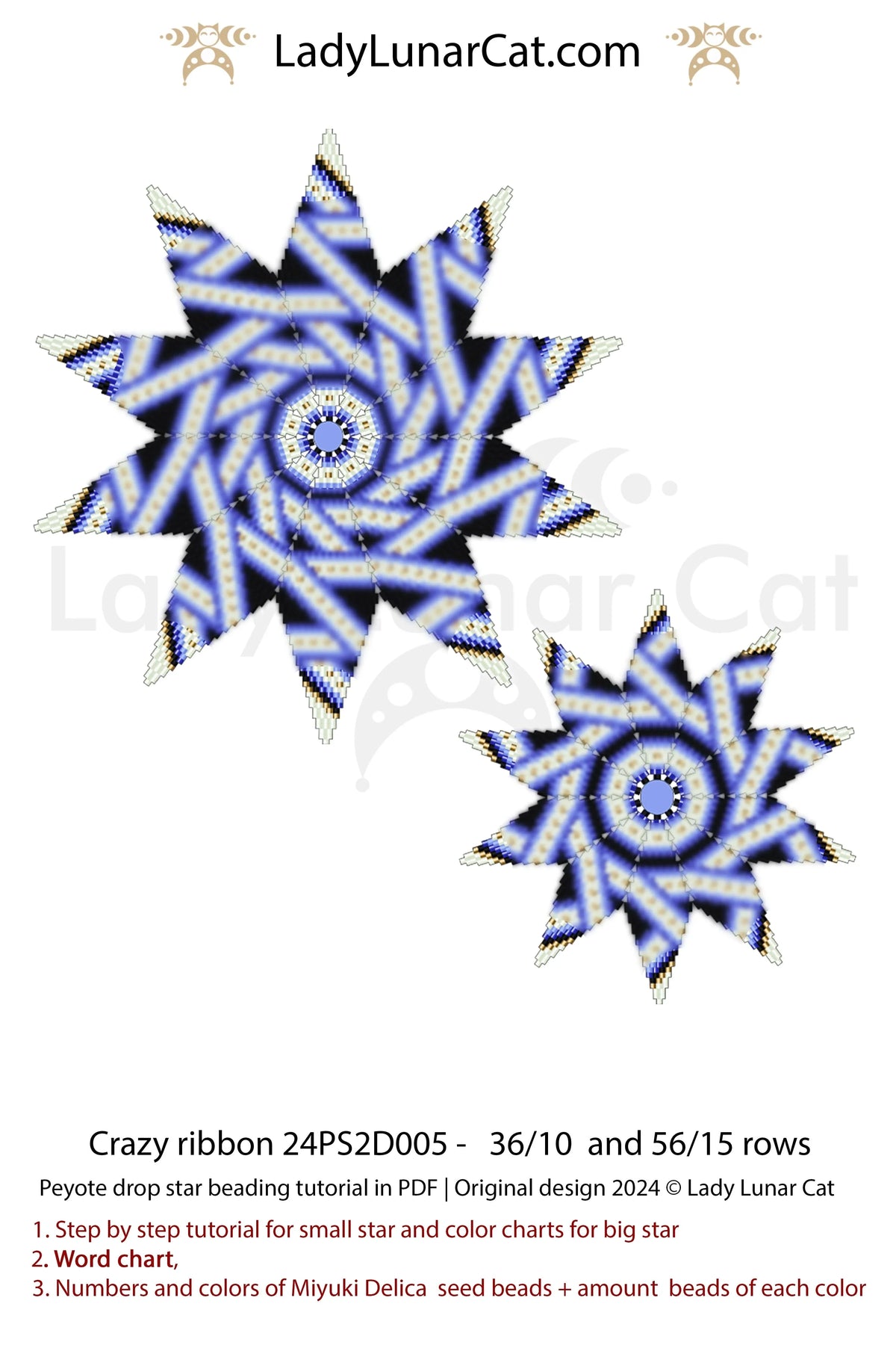 Beaded star ornament pattern - Crazy Ribbon 2 sizes instant download LadyLunarCat