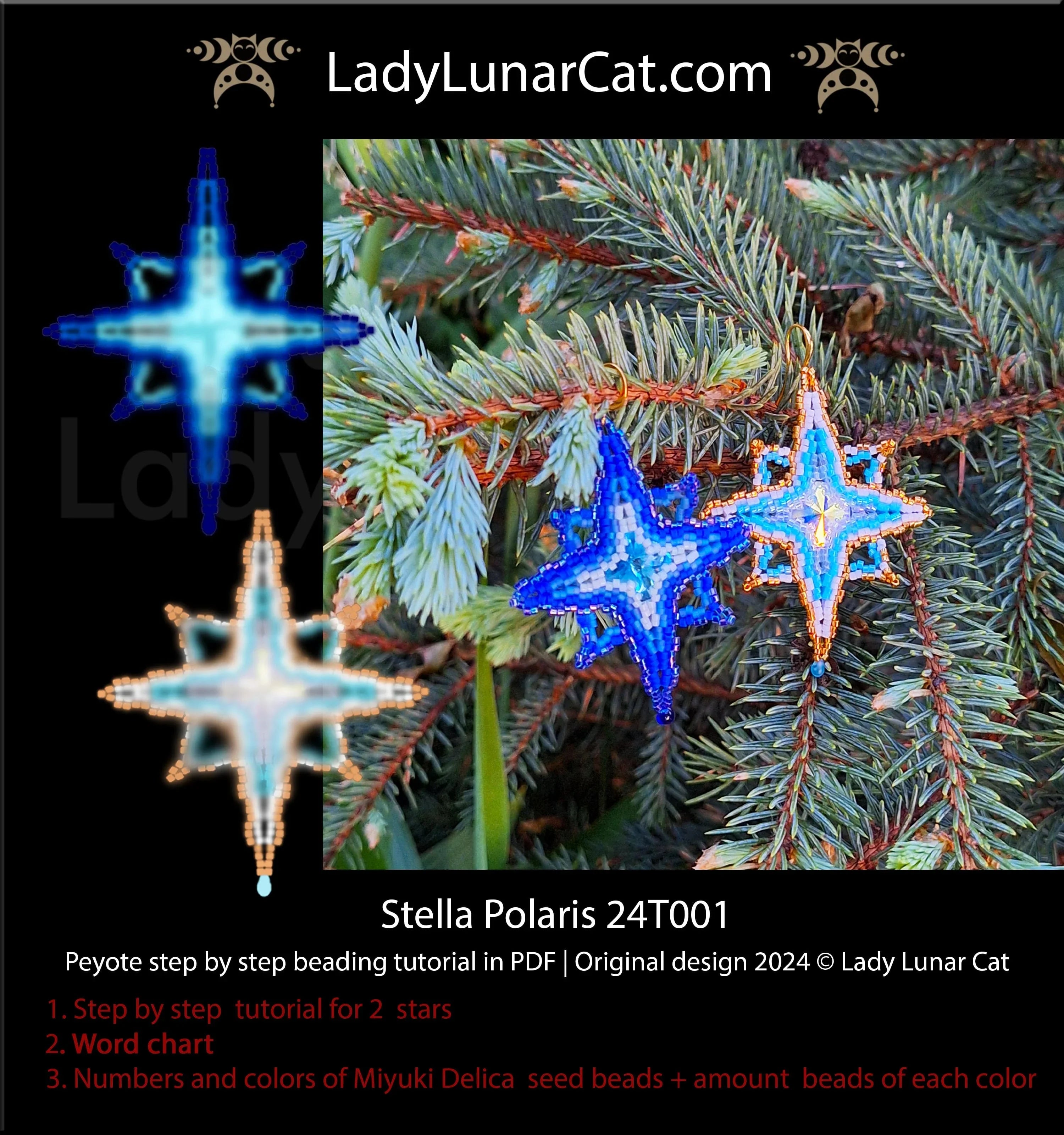 Stella Polaris beaded earring detail - polar star peyote stitch close up LadyLunarCat