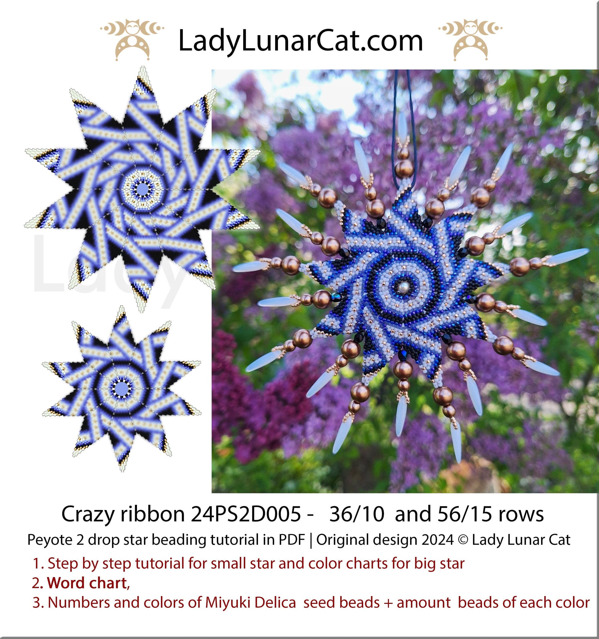 Peyote 2 drop star pattern for beading - Crazy Ribbon  56/15 rows and 36/ 10 rows LadyLunarCat