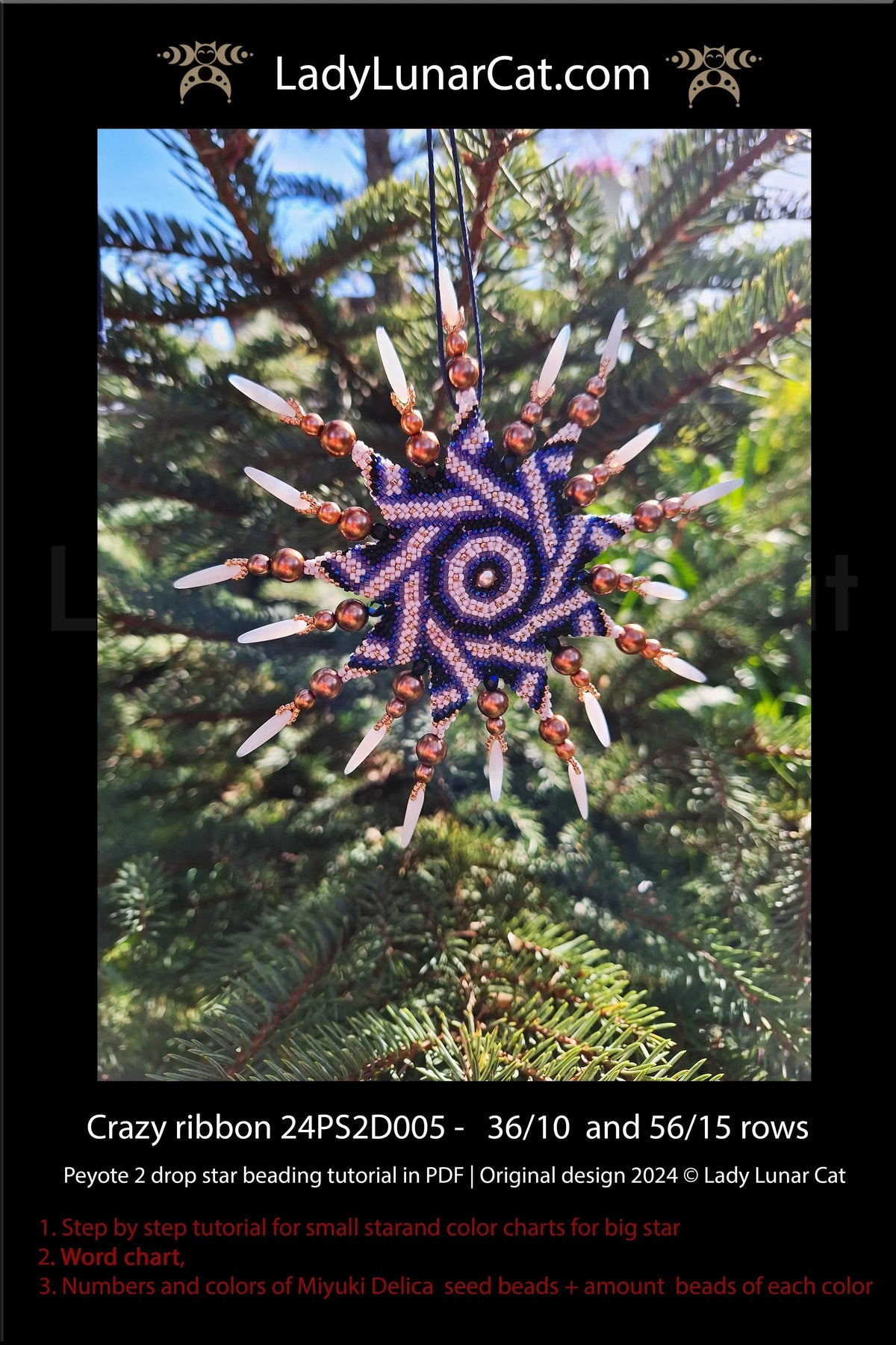 Peyote 2 drop star tutorial - Crazy Ribbon word chart and graph included LadyLunarCat
