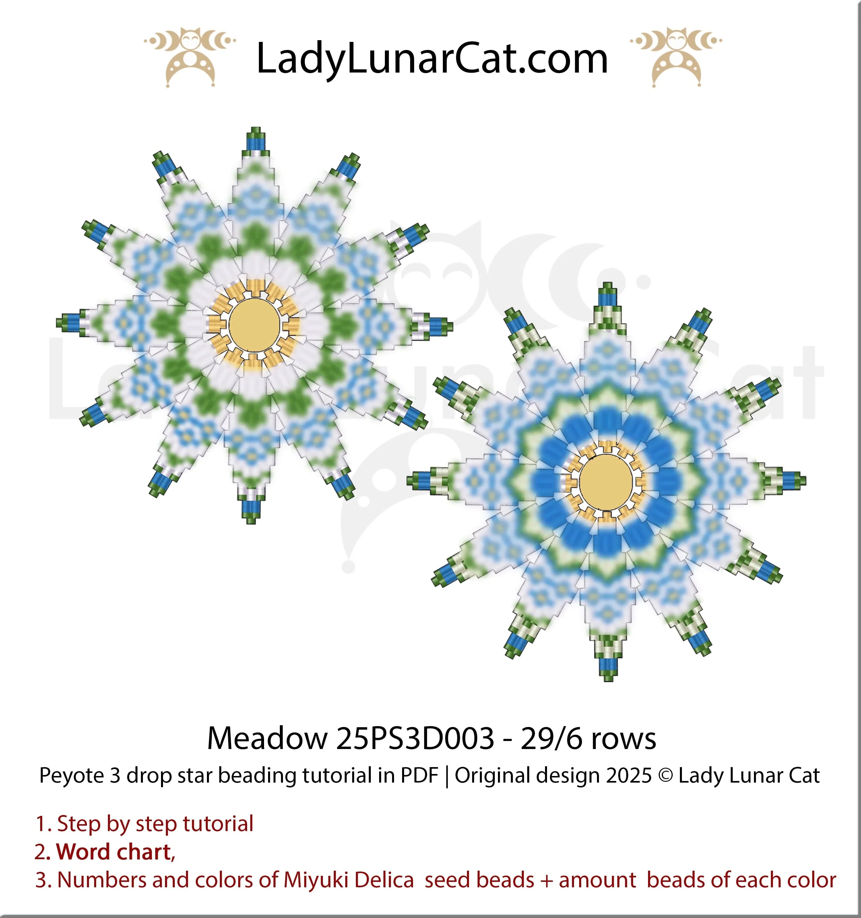 Meadow reversible peyote 3 drop star - daisy and blue bloom double sided beginner PDF LadyLunarCat